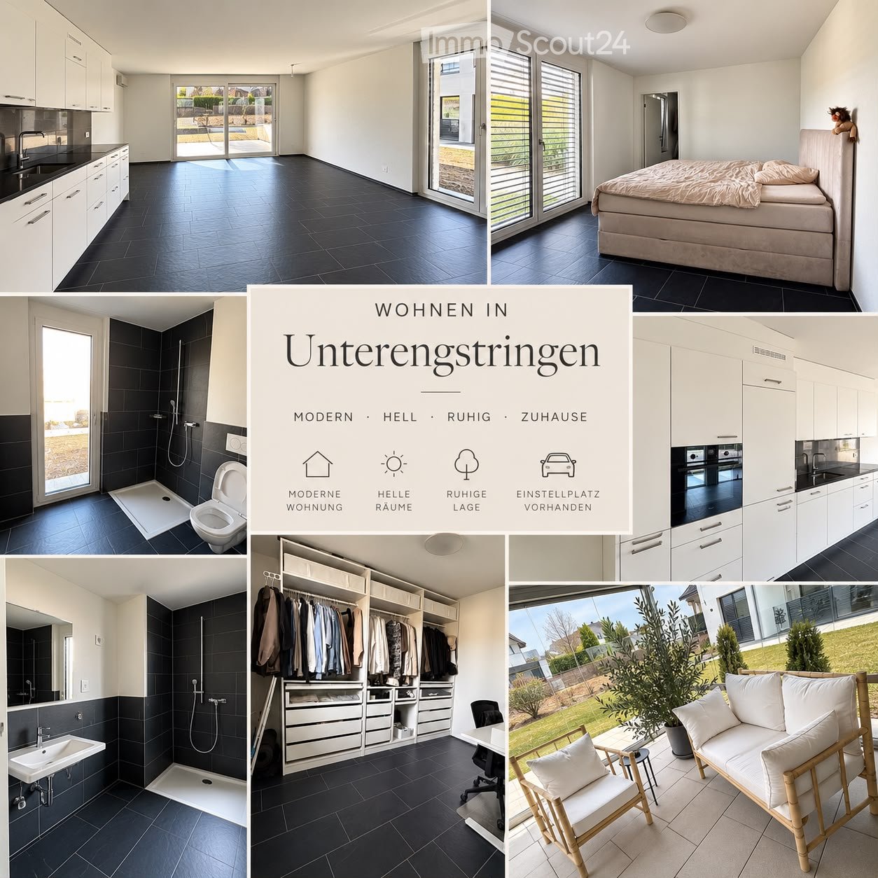 Collage of modern home interiors including a kitchen, bedroom, bathroom, closet, and living area, with large windows and contemporary design elements.