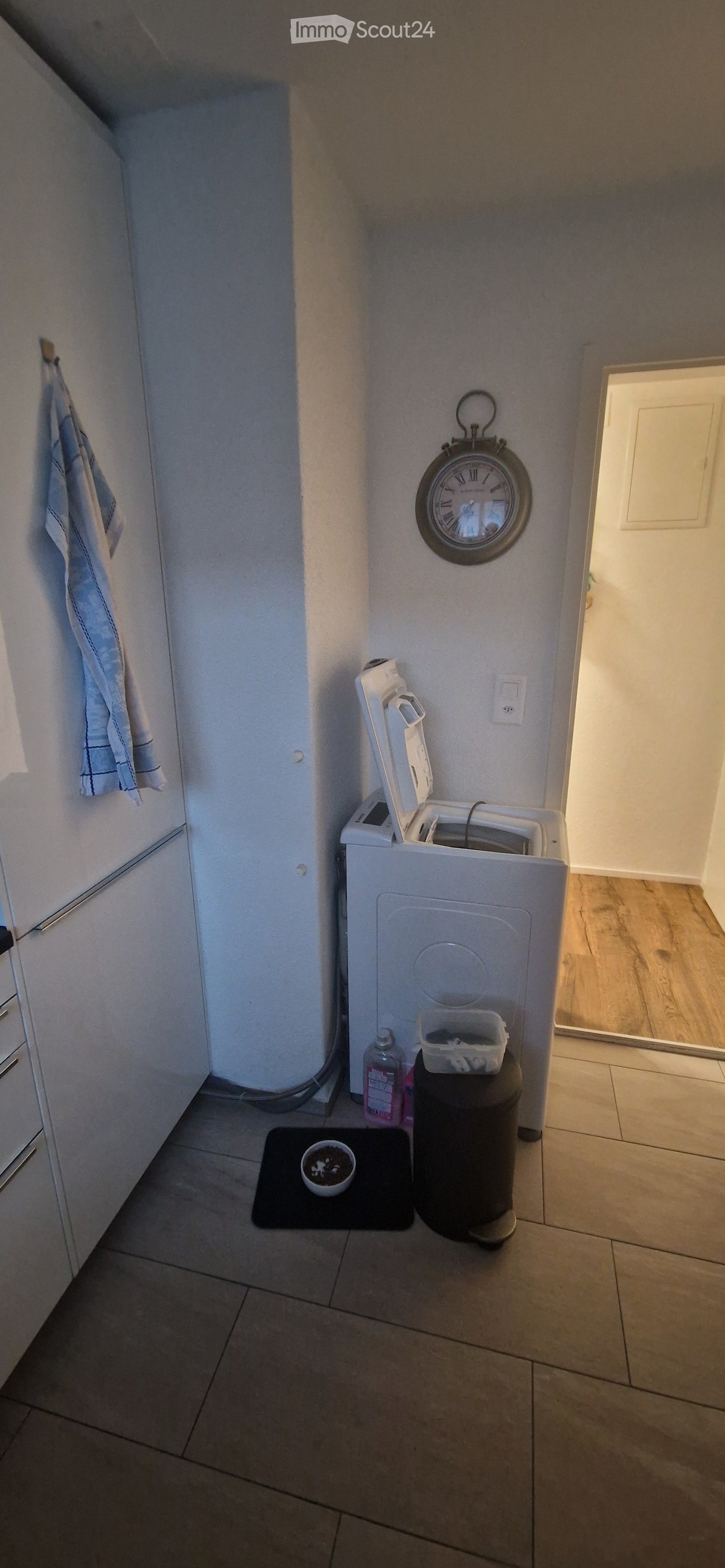 Hallway with a washing machine, a clock on the wall, a towel hanging, and a small bowl on a mat.