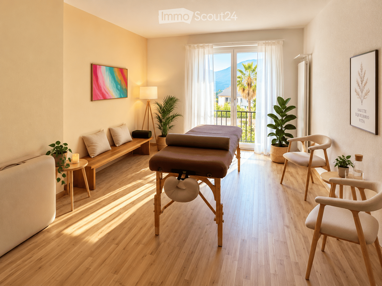 A well-lit room with wooden flooring, a massage table, two chairs, a small bench, a table with a lamp, and several potted plants. Large windows offer a scenic view of the outdoors.