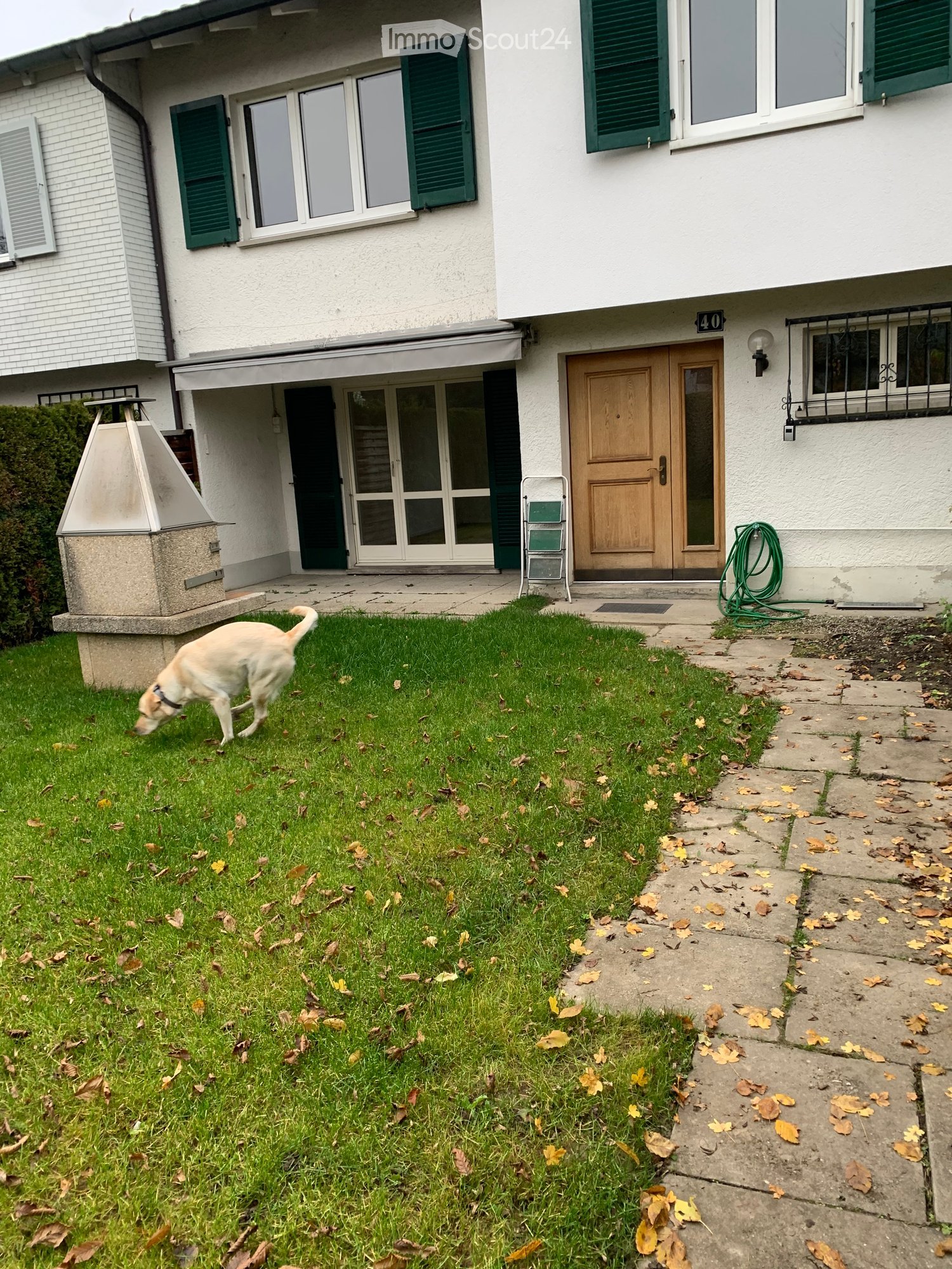Front yard of a two-story house with green shutters, a wooden front door, a covered entrance, and a small garden area with a dog walking on the grass.