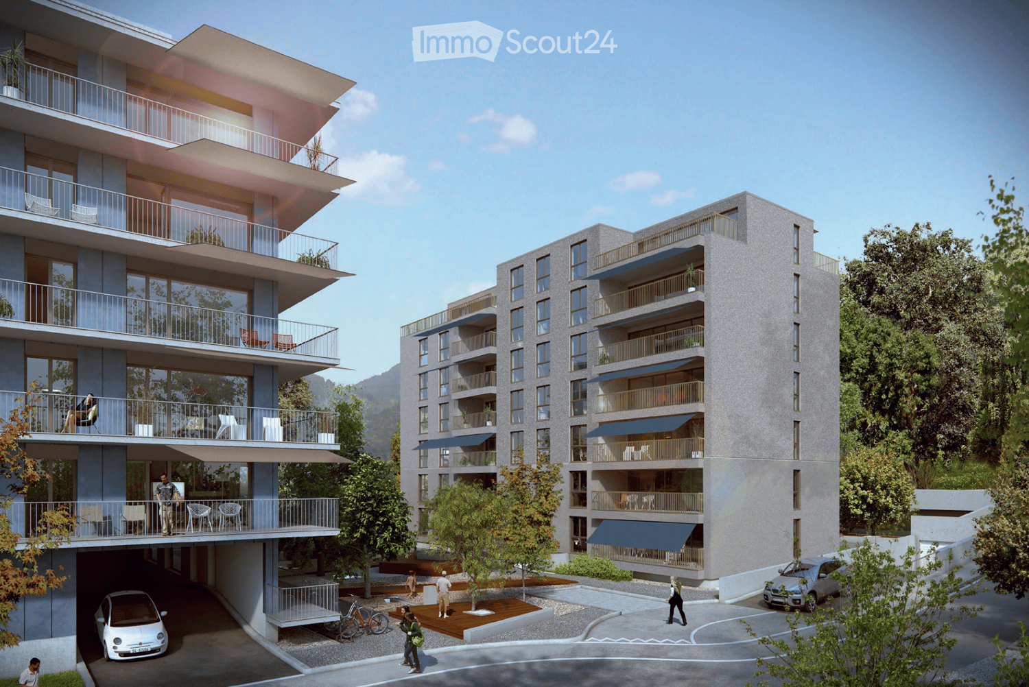 Modern multi-story residential building with balconies, large windows, and a parking area.