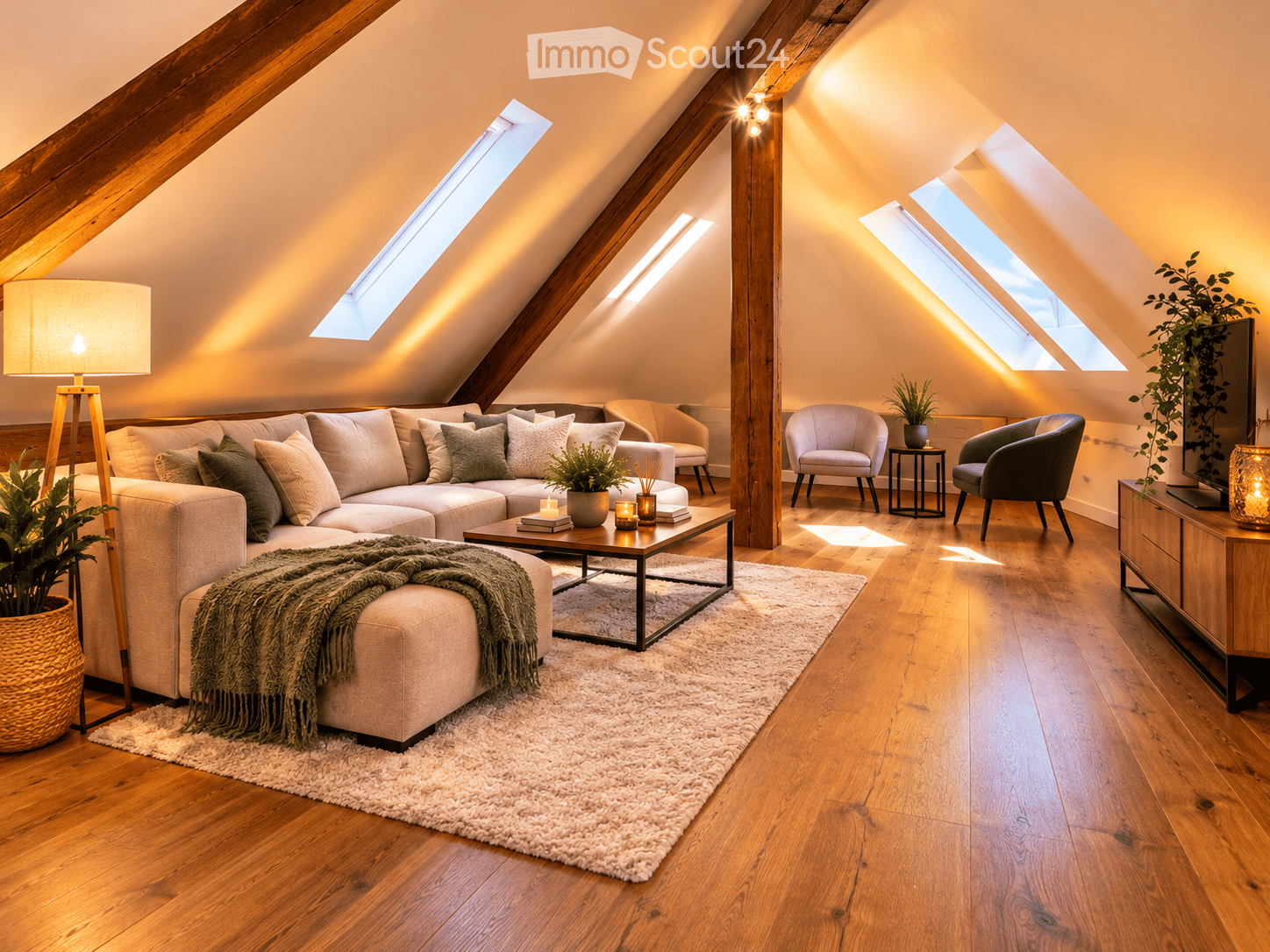 Bright, airy living room with wooden beams and skylights, featuring a large sectional sofa, coffee table, armchairs, side tables, floor lamp, and potted plants.
