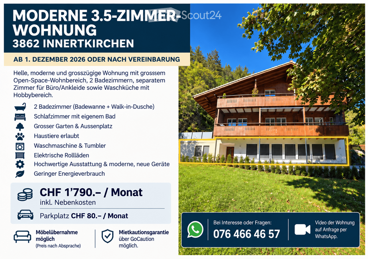 Modern 3.5-room apartment in Innerkirchen, featuring a large open-space living area, 2 bathrooms, separate room for office/dressing, and a laundry room with hobby area. Includes a large garden and outdoor space, and allows pets. Equipped with a washing ma