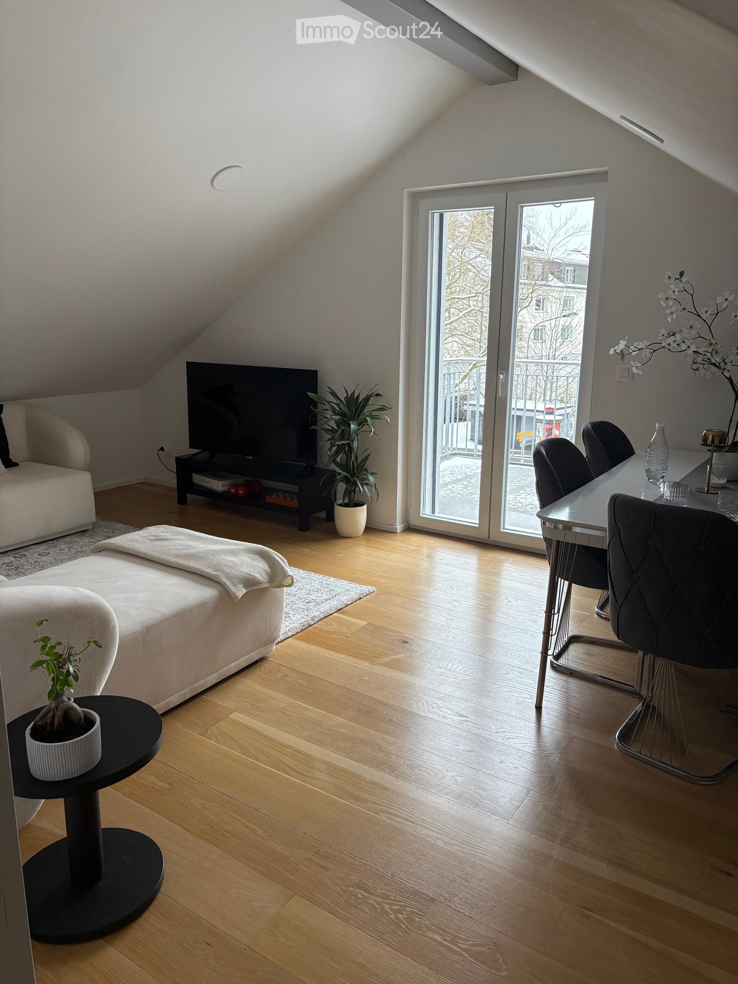 Bright, modern living room with wooden flooring, a large window, a sofa with an ottoman, a TV stand, a dining table with chairs, and several potted plants.