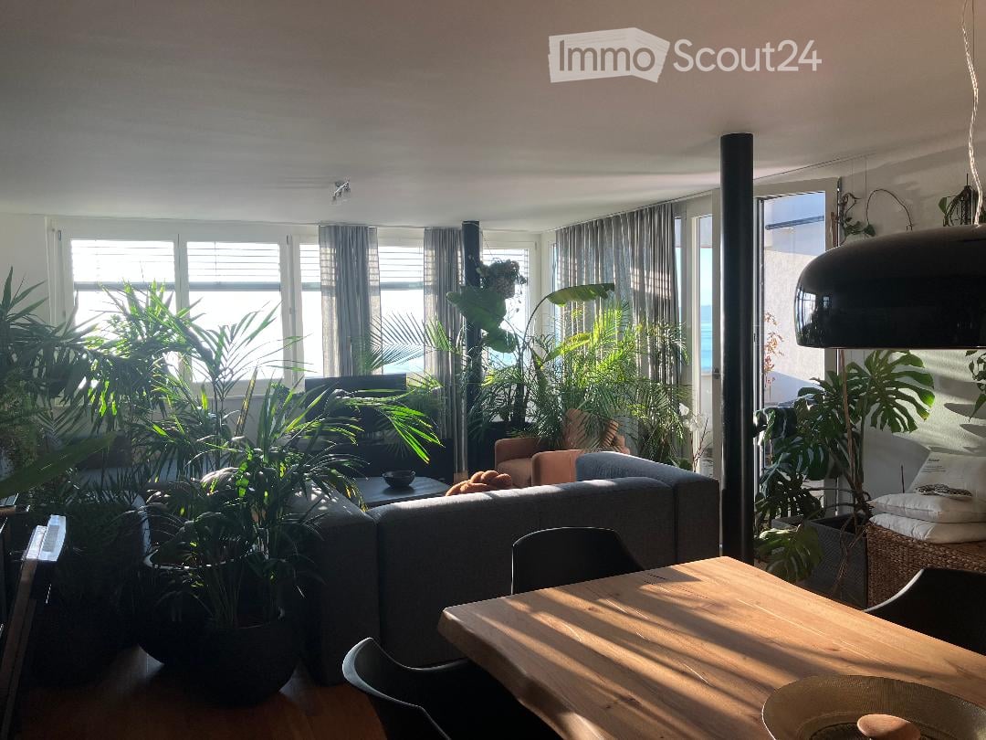 Bright living room with large windows, grey sofa, wooden dining table, chairs, and several potted plants.