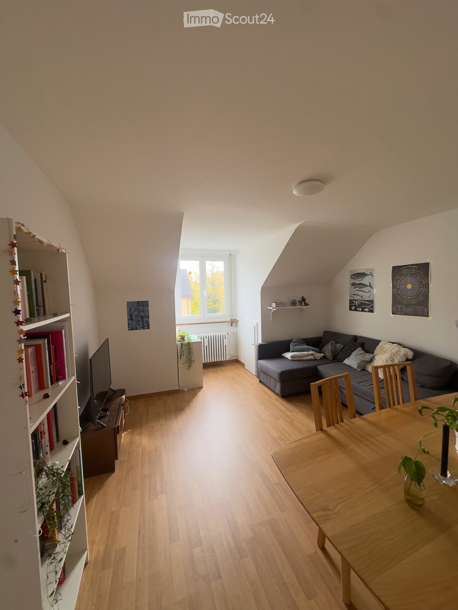 A cozy living and dining area with wooden flooring, a grey sofa, a wooden dining table with chairs, a bookshelf, and a TV screen.