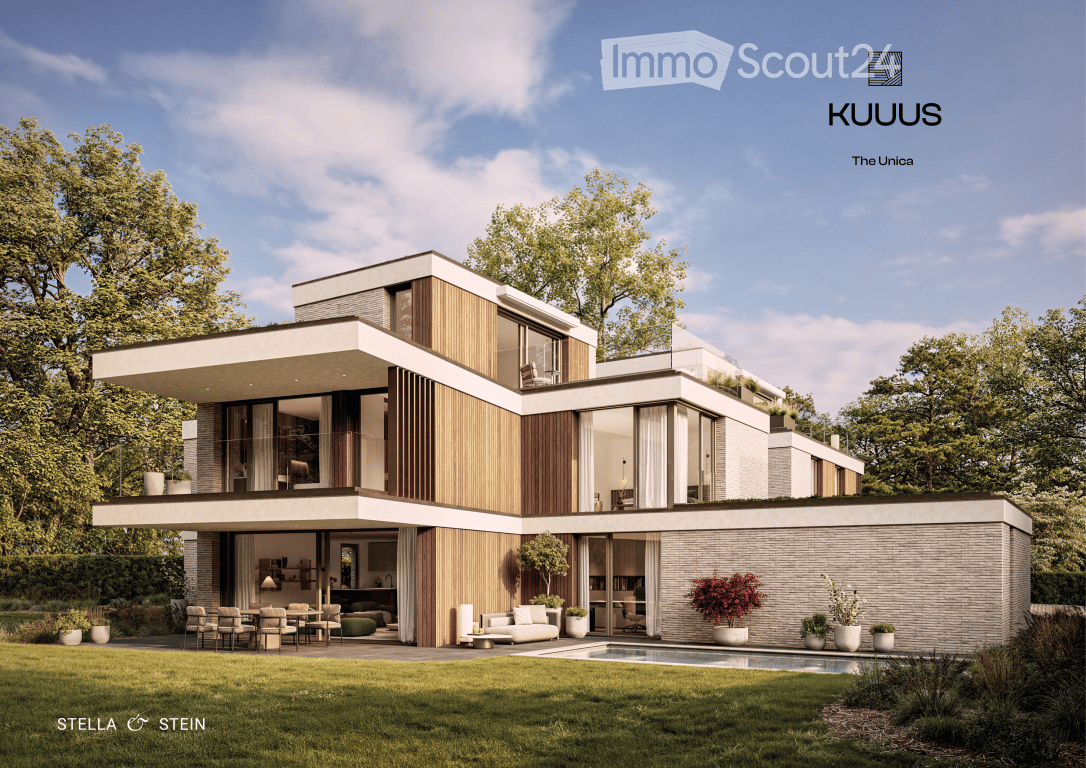 Modern two-story house with a flat roof, large windows, and a spacious outdoor area featuring a swimming pool, patio furniture, and potted plants.
