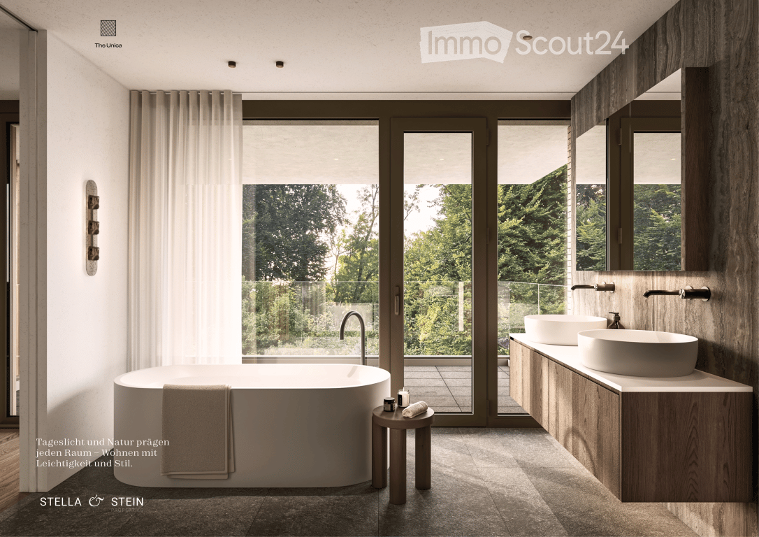 Modern bathroom with a freestanding bathtub, double sink vanity, large window with view, and a small stool beside the tub.