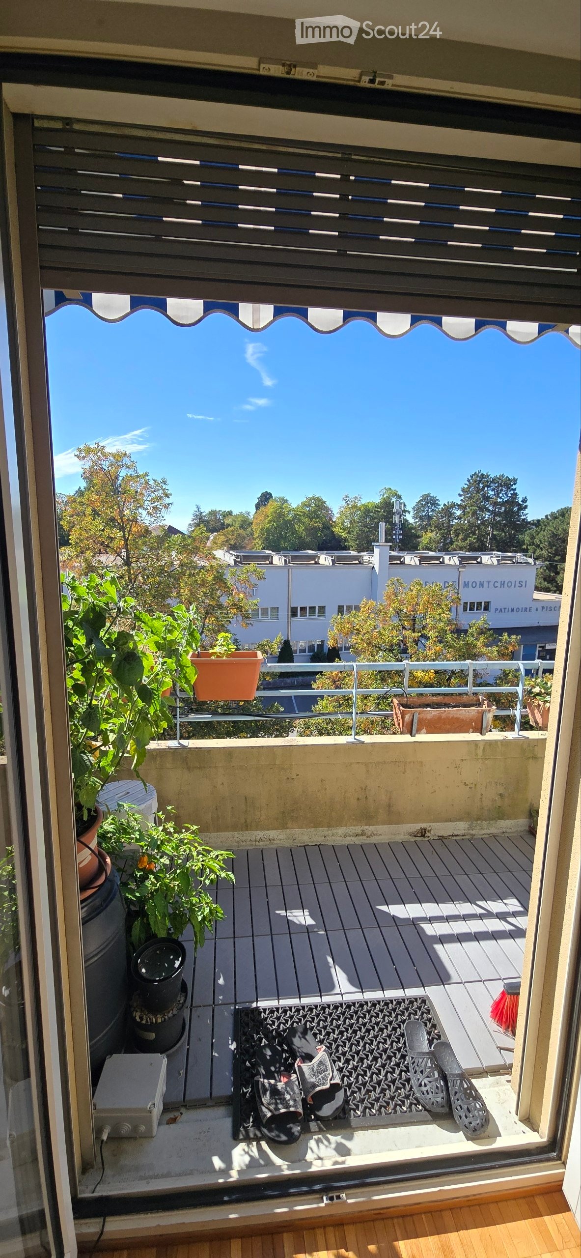 Balcony with wooden decking, potted plants, a rug with shoes, and a view of the city and trees.