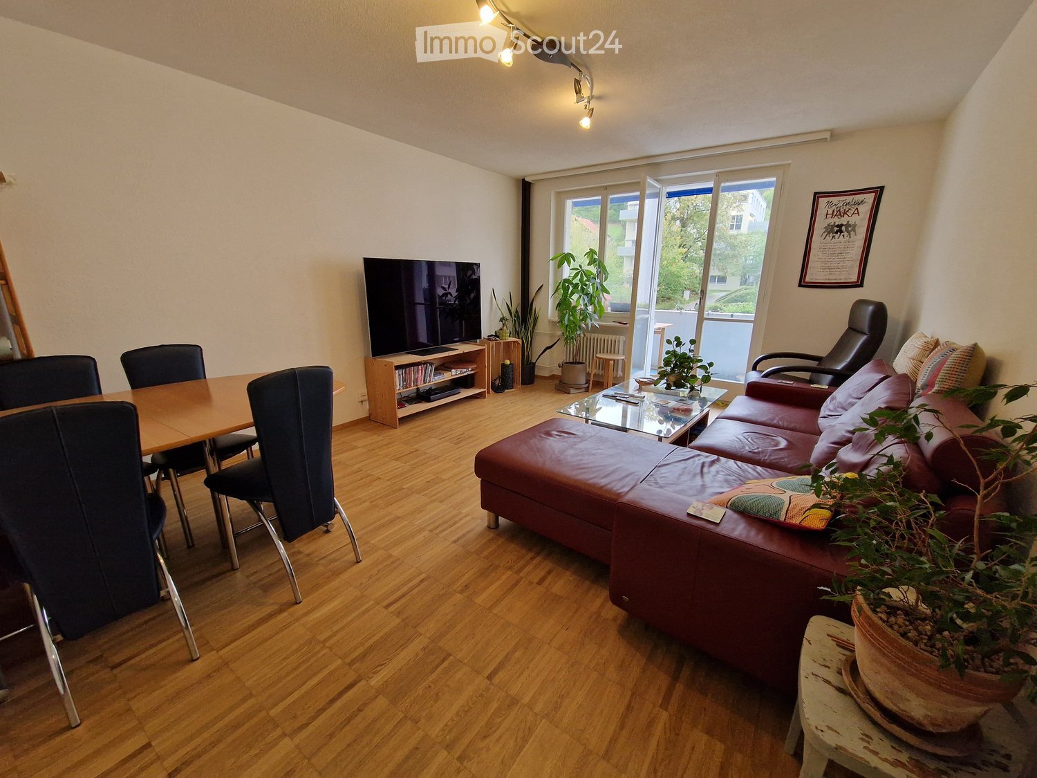 Living room with wooden flooring, a red leather sofa, a glass coffee table, a wooden dining table with chairs, a television on a stand, and several potted plants.