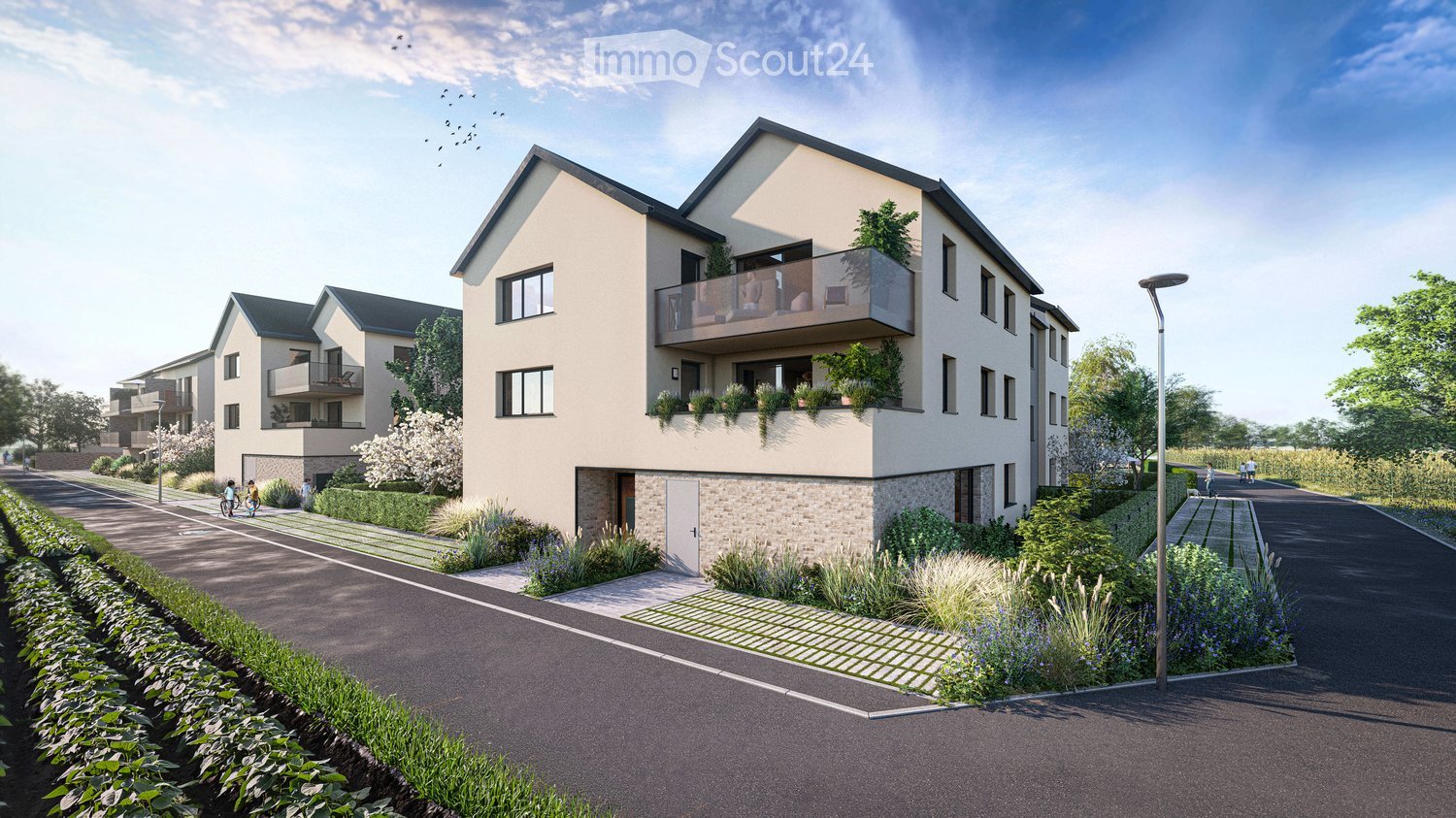 Modern multi-story residential building with balconies, surrounded by landscaped gardens and pathways.