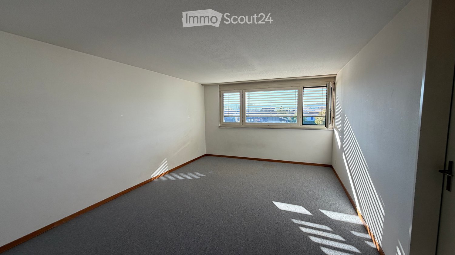 Empty room with white walls, grey carpet, and a window with blinds. No furniture or equipment present.