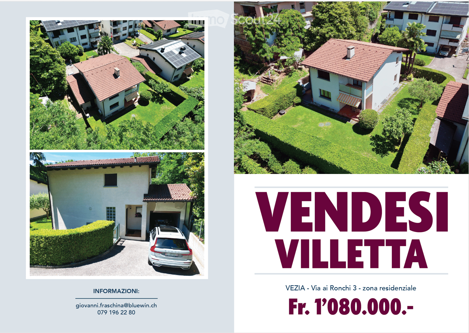 Four aerial views of a two-story residential house with red-tiled roofs, surrounded by green lawns and trees. The house features a garage, solar panels on the roof, and is situated in a residential neighborhood with neighboring houses and well-maintained
