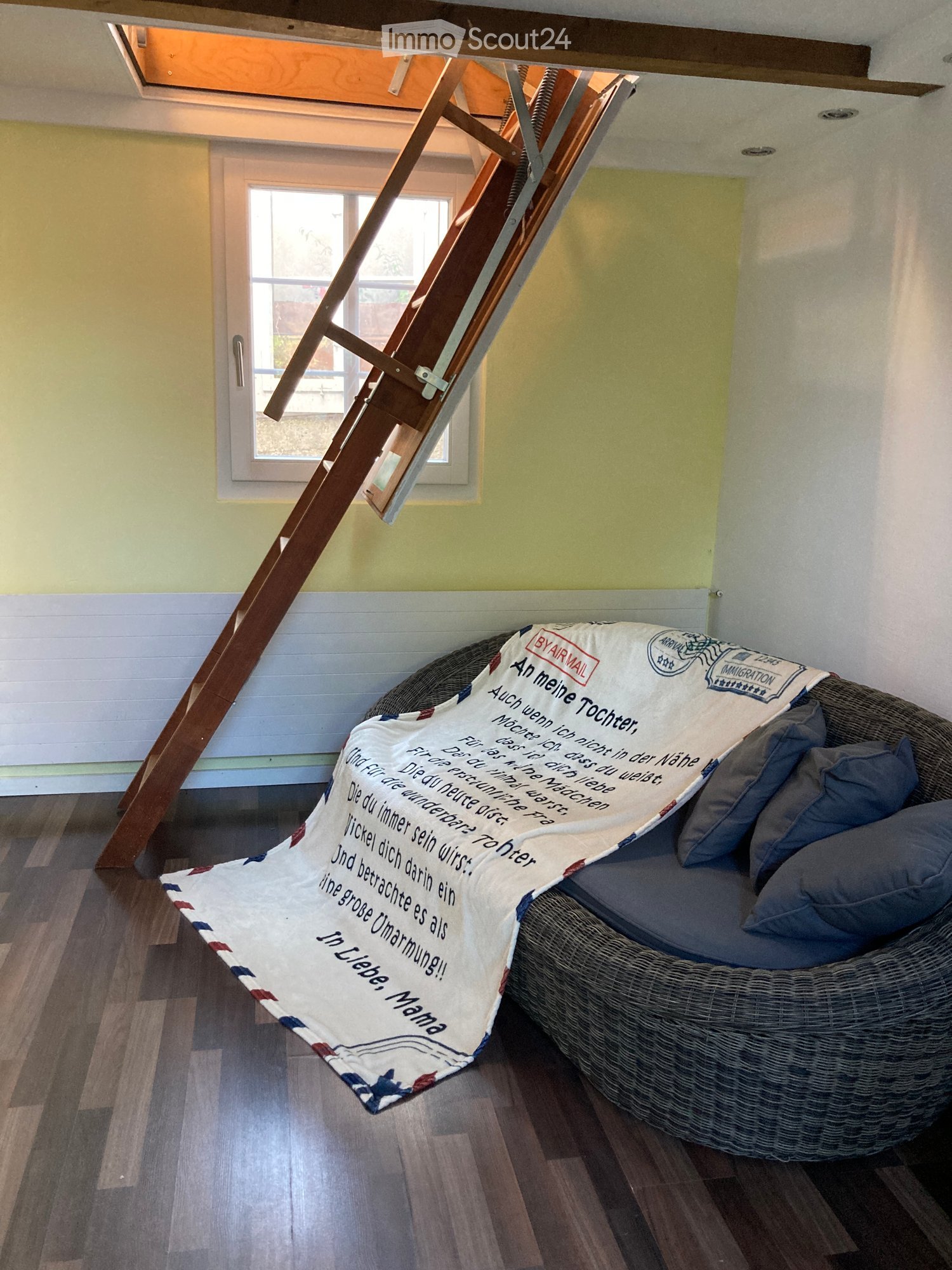 A cozy living room with a wicker sofa, a blanket draped over it, and a wooden ladder leading to an attic or loft area.