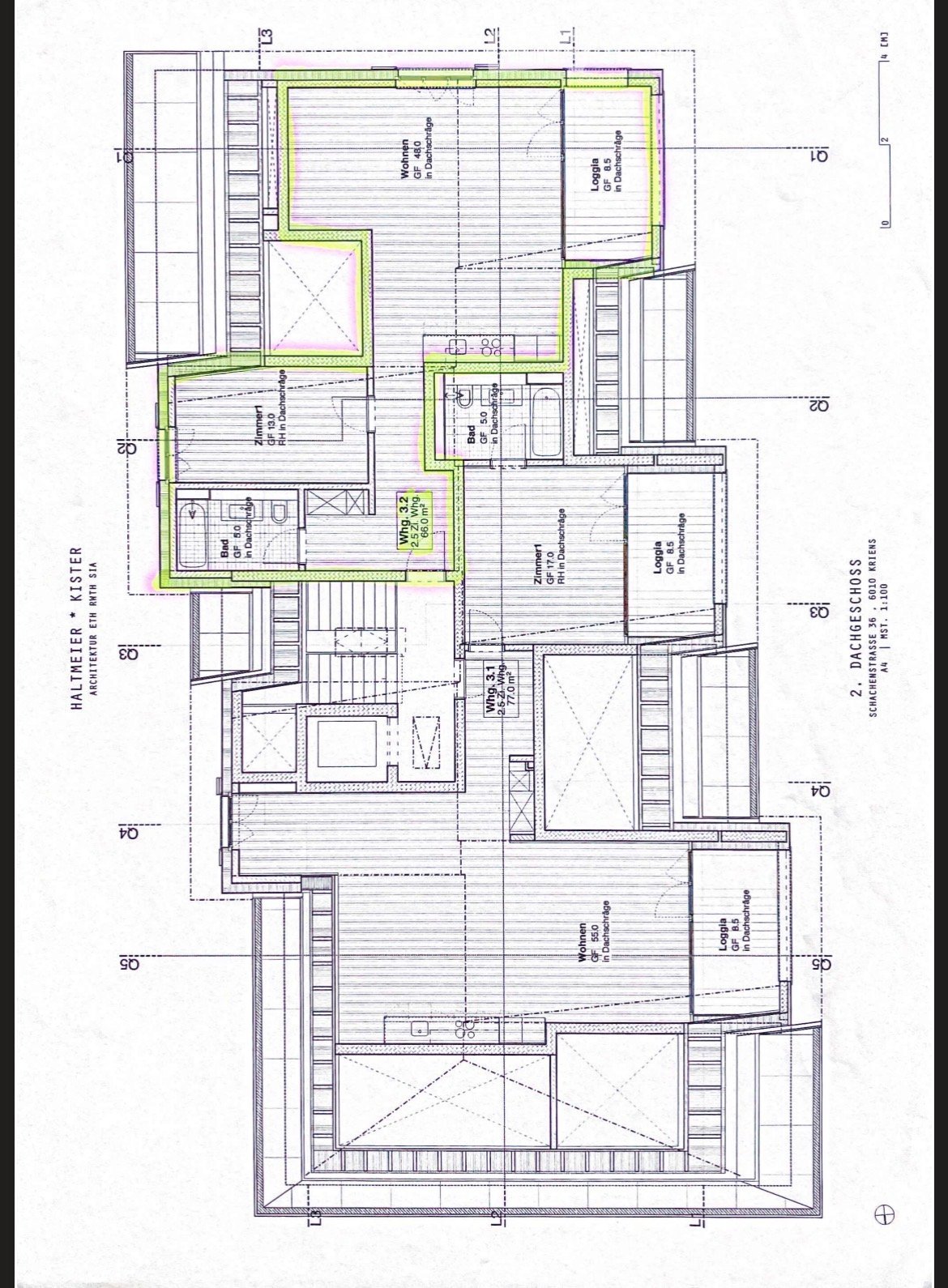 Floor plan of a multi-level residential building with labeled rooms including living spaces, bedrooms, bathrooms, and loggias.