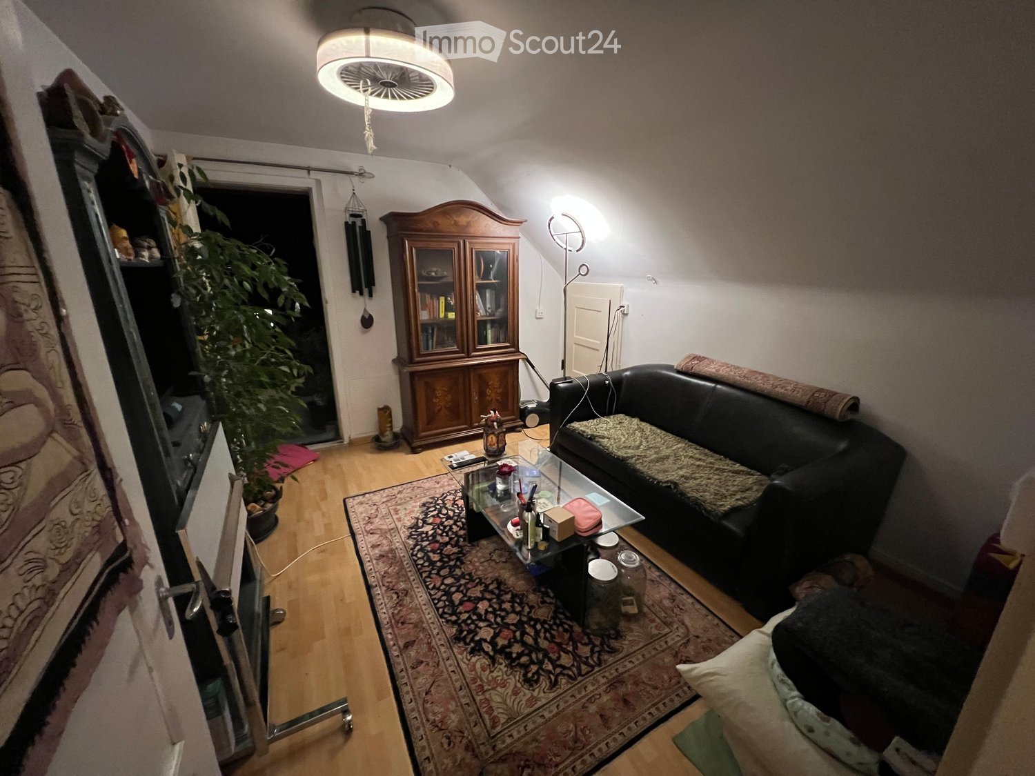 A cozy living room with a black leather sofa, a glass coffee table, a wooden cabinet, a large plant, and a patterned rug on a wooden floor.