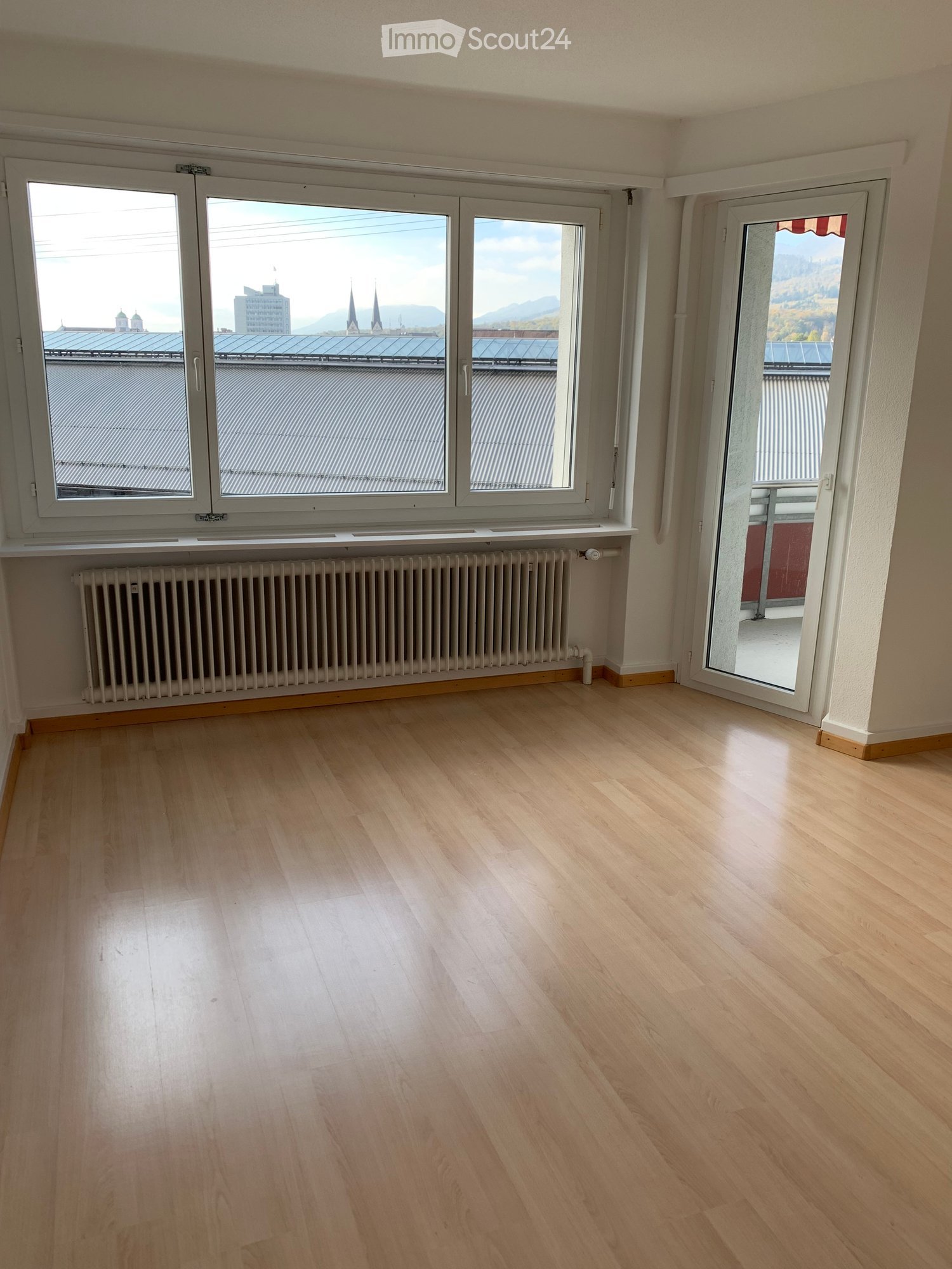 Empty room with light wooden flooring, white walls, large windows, radiator, and a sliding glass door leading to a balcony.