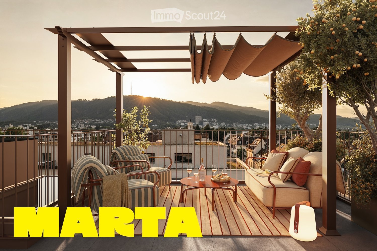 A stylish balcony with a wooden pergola, striped cushions, a sofa, chairs, a small table with wine glasses and a bottle, and a scenic city view.