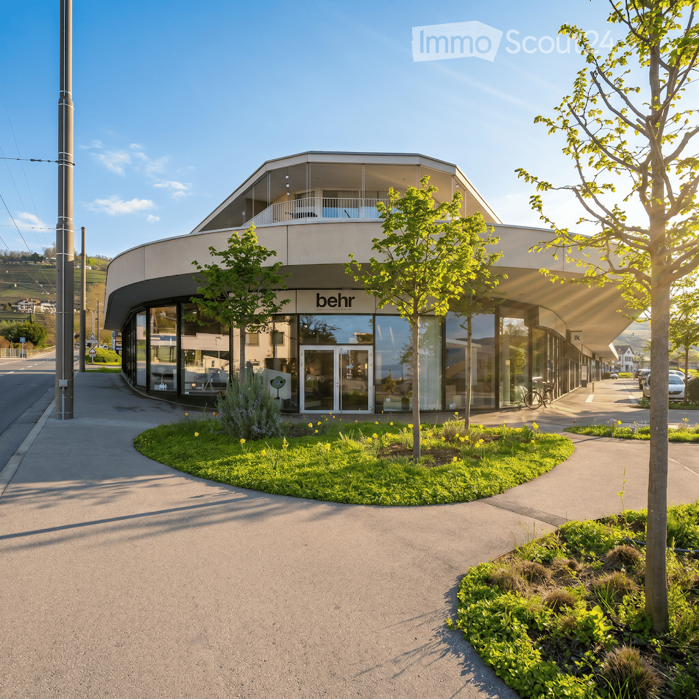 Modern building with a curved facade, large glass windows, and a balcony on the upper level. The entrance features a glass door with the logo "behr" visible. The building is surrounded by greenery, including small trees and flowering plants.