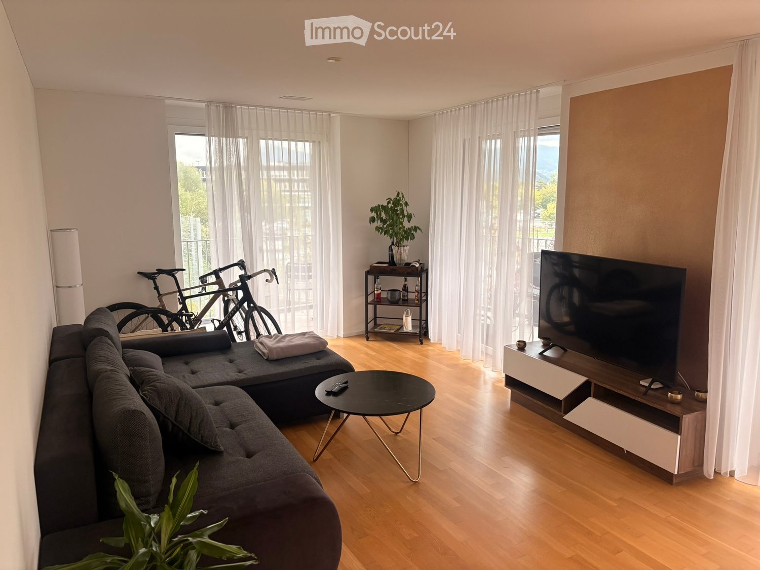 Modern living room with a grey sectional sofa, black coffee table, flat-screen TV on a wooden stand, and bicycles near the window.
