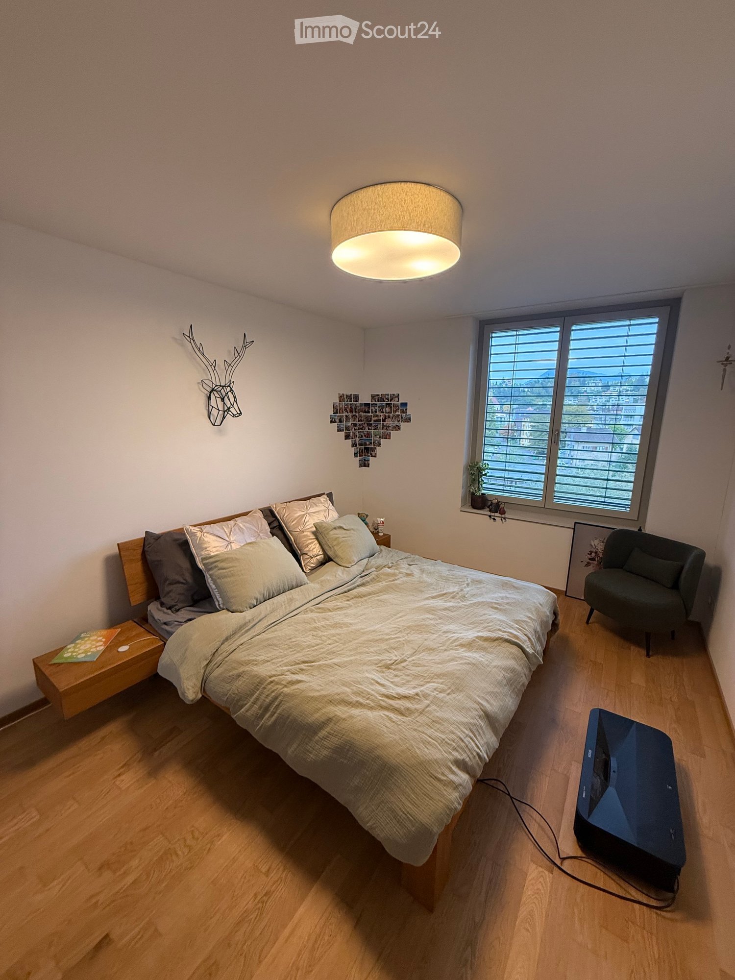Cozy bedroom with a large bed, nightstand, armchair, wall-mounted deer head, and a TV on the floor. The room features wooden flooring and large windows with blinds.