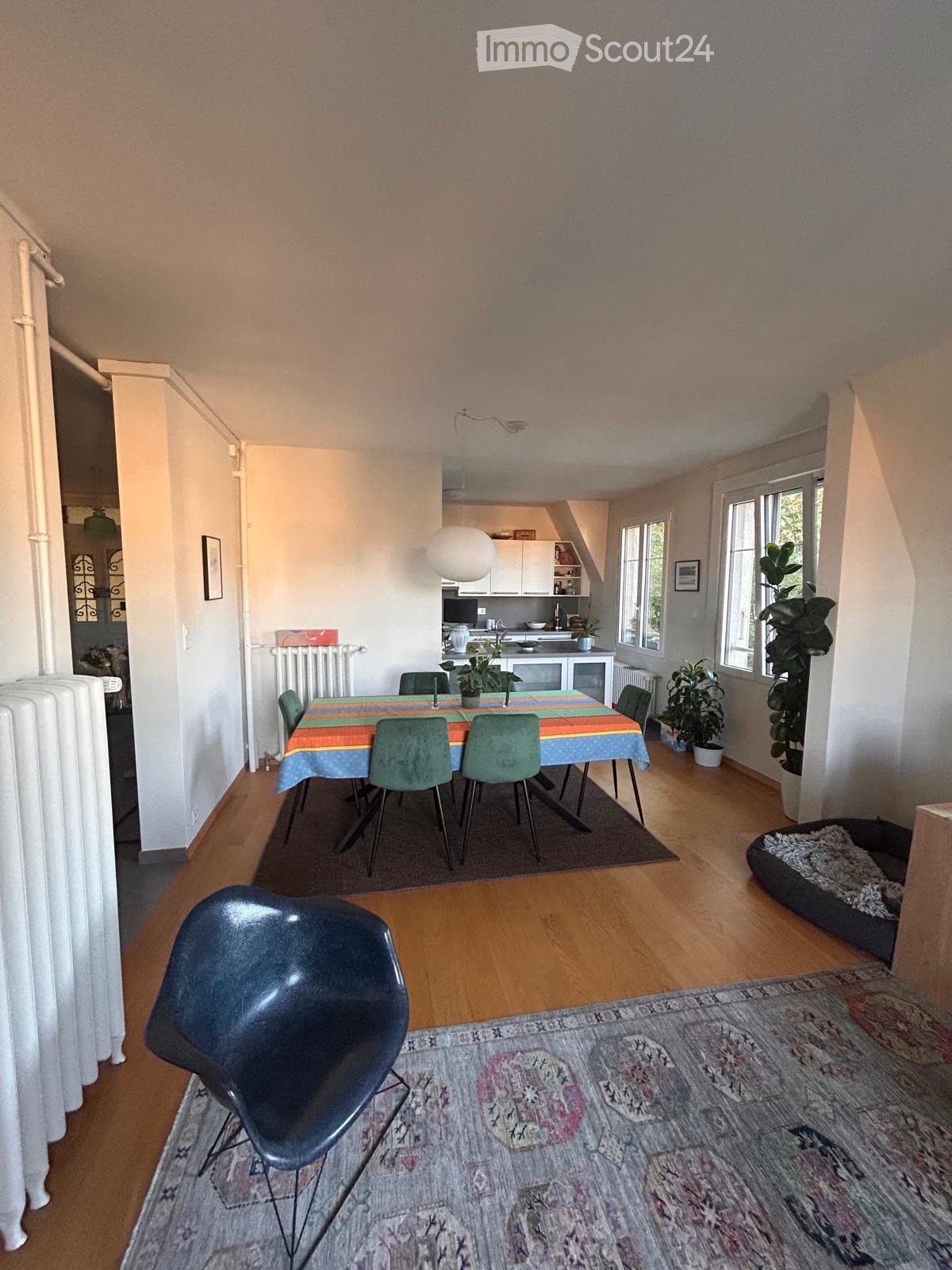 Dining area with a colorful tablecloth, six chairs, and a modern chair on a patterned rug. Adjacent kitchen area with white cabinets, sink, and plants. Radiators and picture frames on walls.
