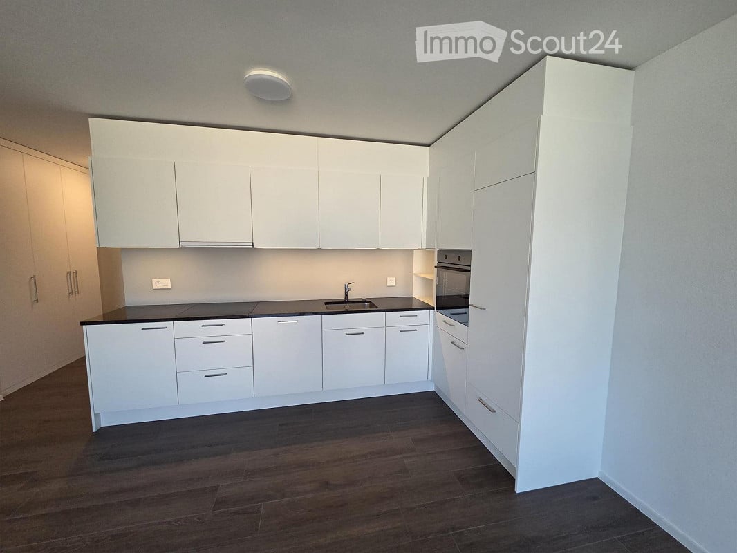 Modern kitchen with white cabinets, dark countertops, and a built-in oven. The space features a sleek design with a dark wooden floor and a minimalist aesthetic.