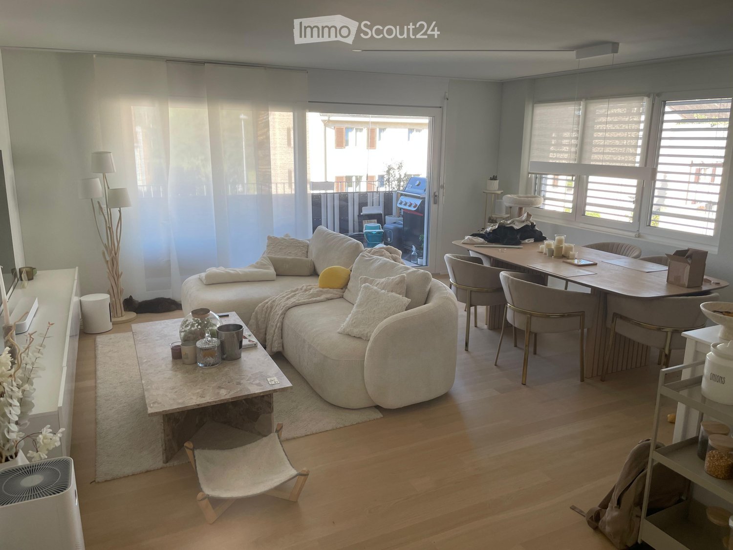 Modern living room with a curved sofa, coffee table, dining table, chairs, cat tree, and a small fan. Large windows and a sliding glass door lead to a balcony.