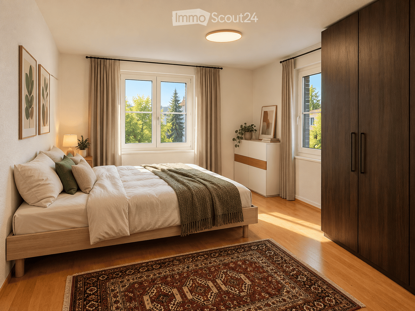 Modern bedroom with a wooden bed, nightstand, lamp, potted plant, large wardrobe, mirror, and artwork on the walls. The room features large windows with curtains and a patterned rug on the floor.