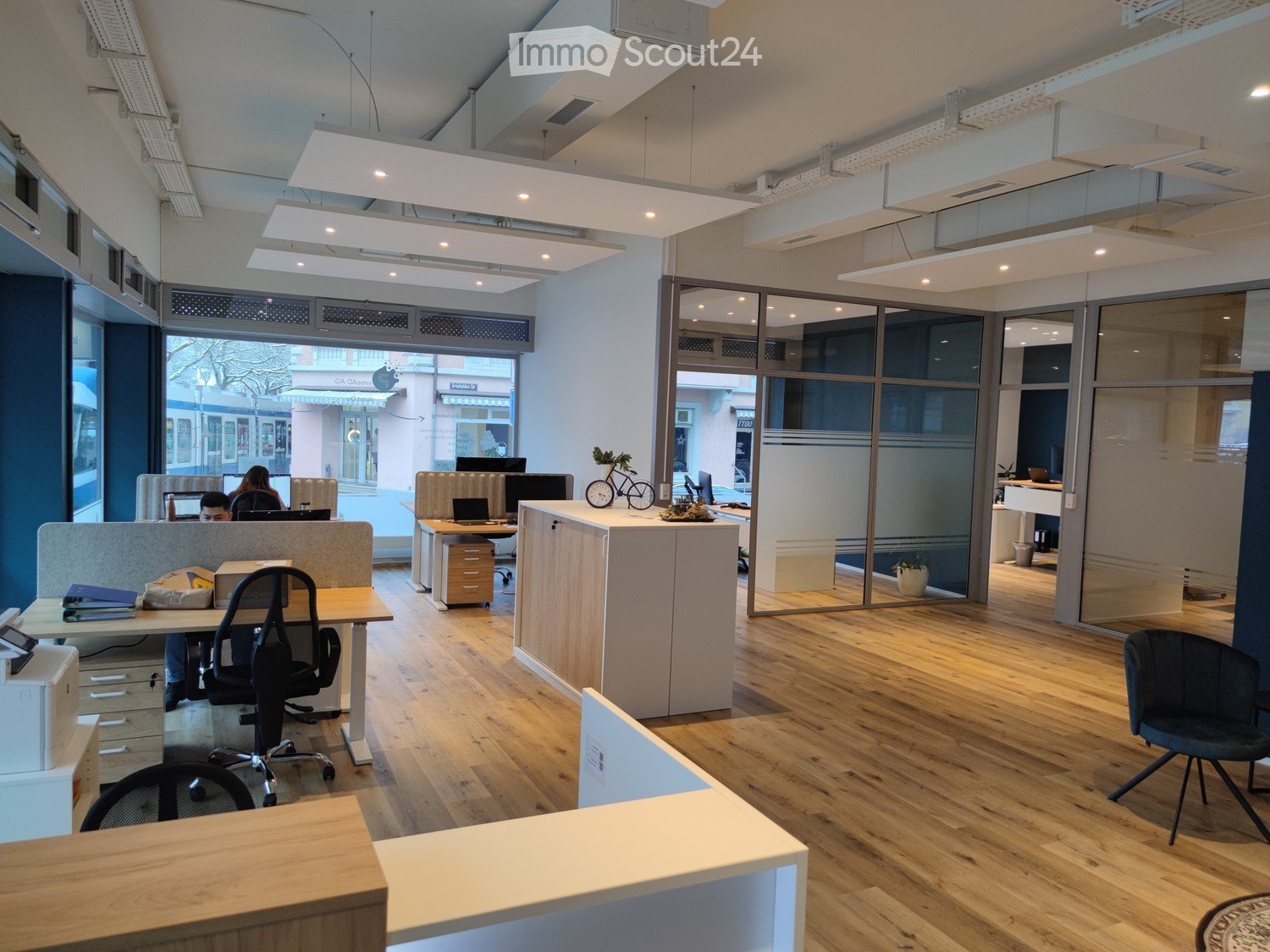 Open plan office space with desks, chairs, bicycles, plants, and large windows.