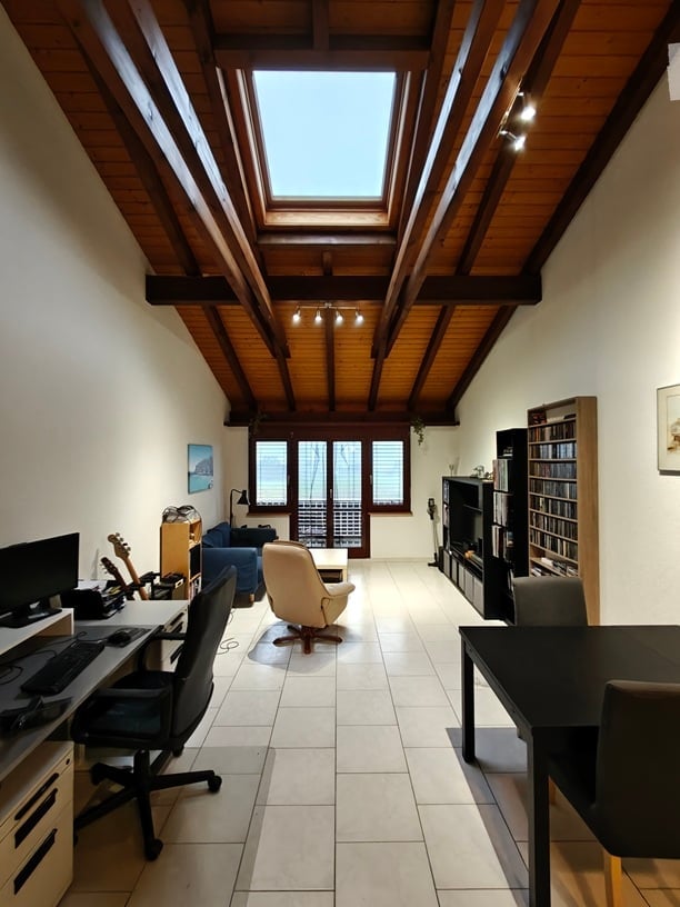 Bright, multi-functional room with wooden slanted ceiling, skylight, and large windows offering a view. Contains a desk with a computer, a comfortable armchair, a sofa, a dining table, and a bookshelf.