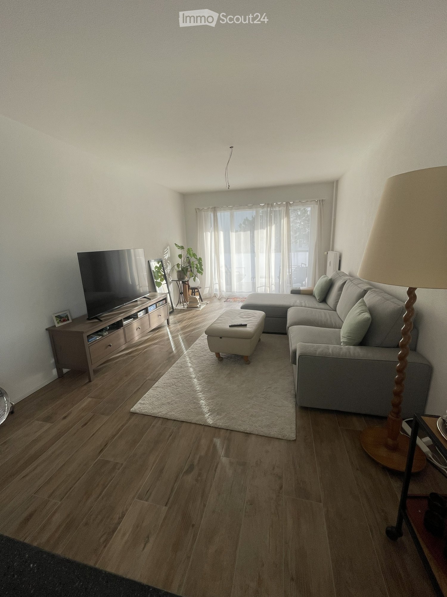 Bright living room with wooden flooring, large window with sheer curtains, grey sectional sofa, ottoman, TV on wooden stand, side table with lamp, and small plant.