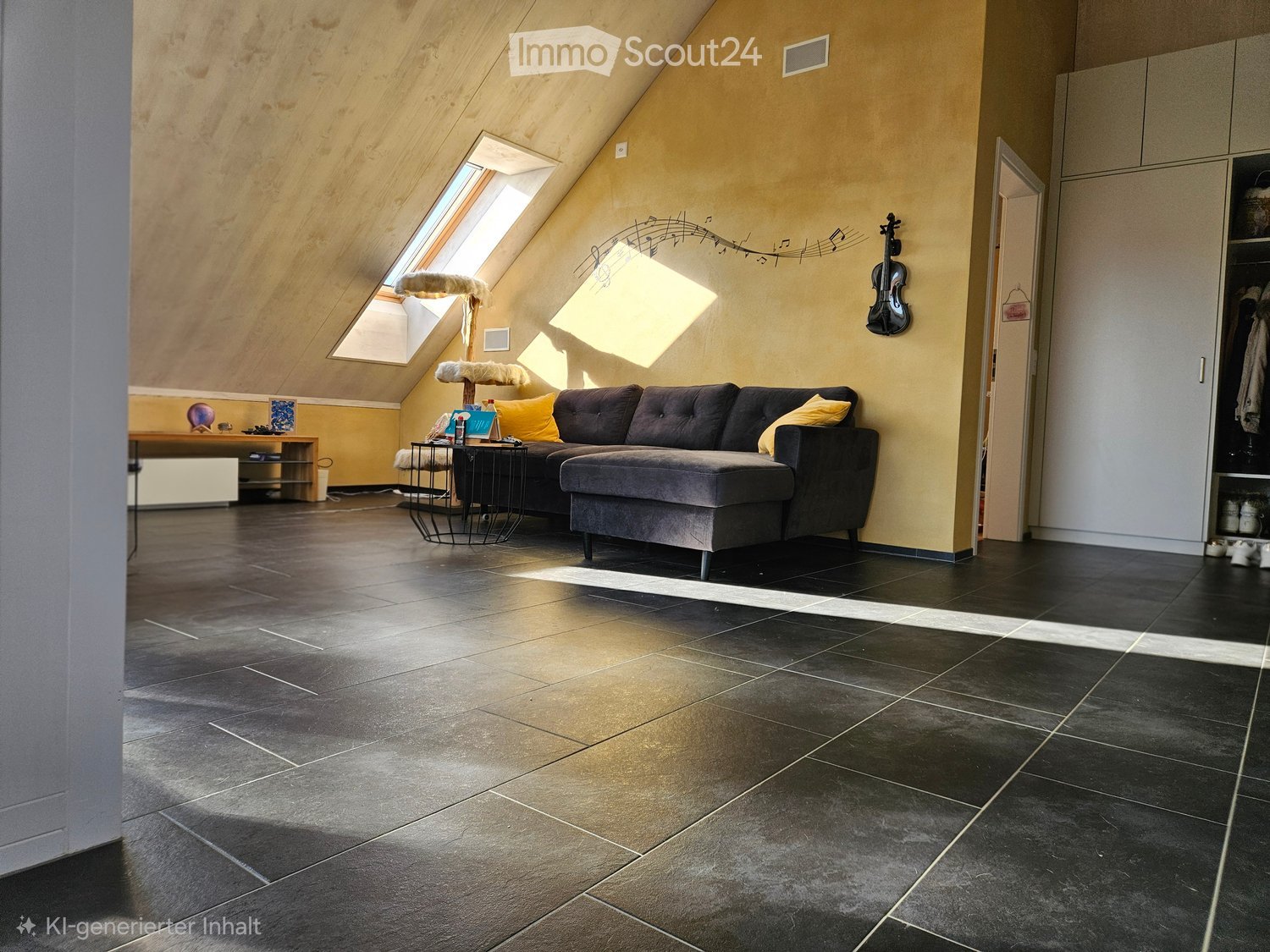 Modern living room with a grey sectional sofa, ottoman, small round table, and a lamp. The room features a slanted ceiling with skylights, warm yellow walls, and dark tiled flooring.