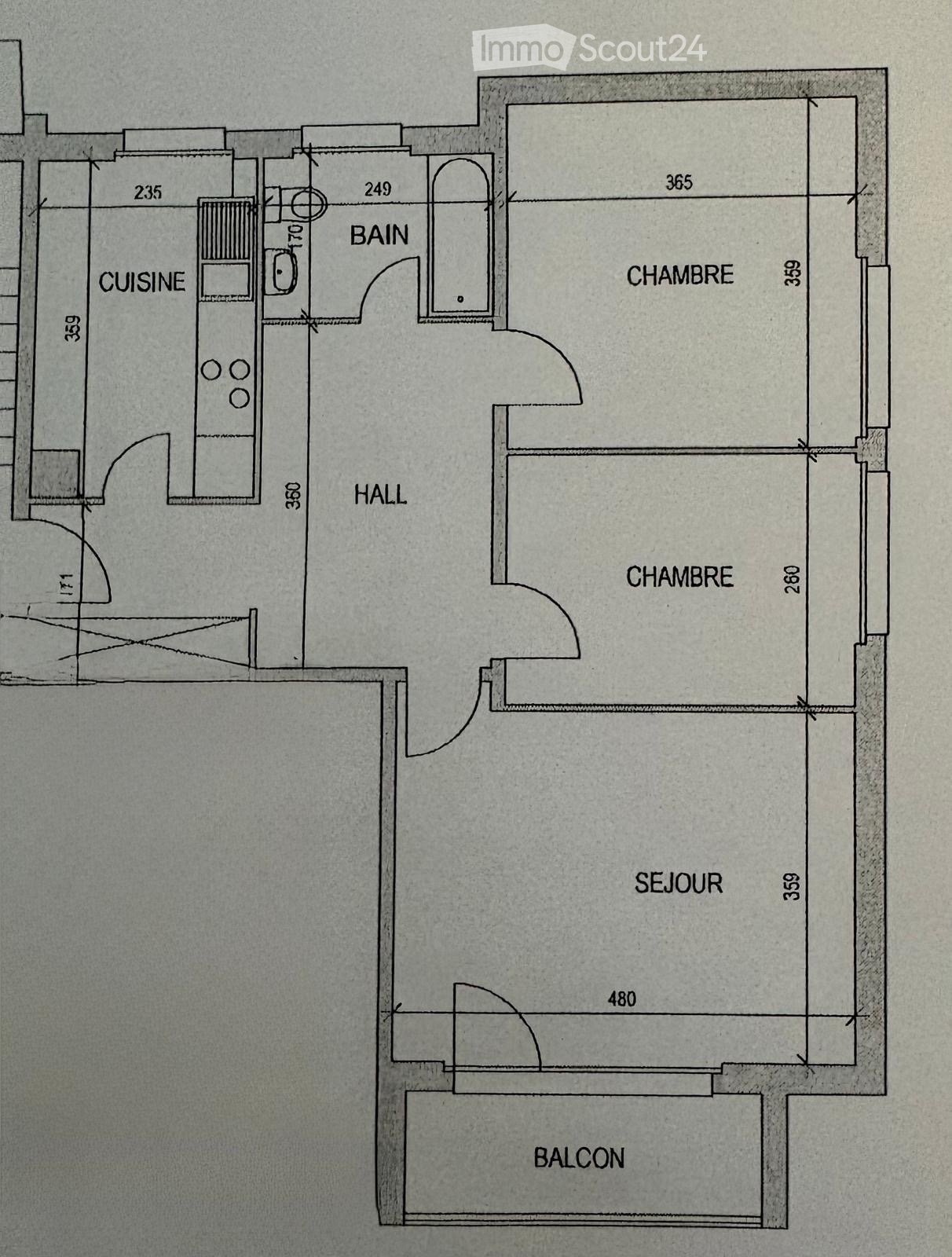 Floor plan showing a kitchen, two bedrooms, a living room, a hallway, a bathroom, and a balcony.