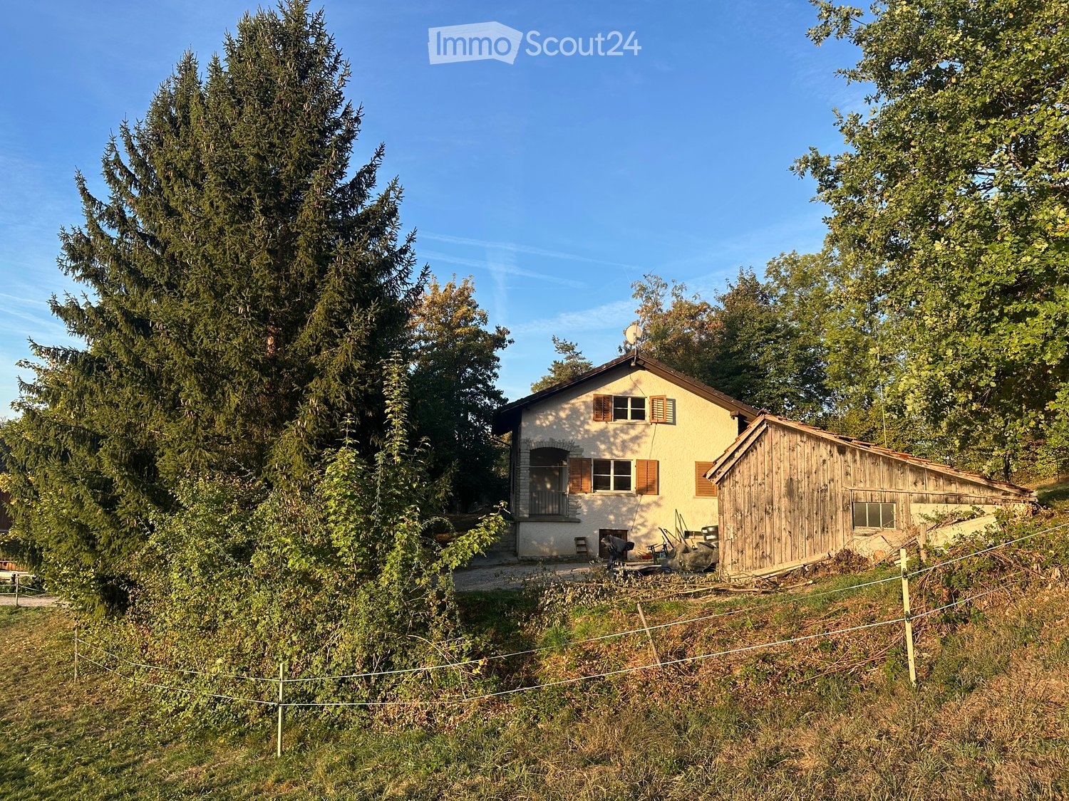 A two-story house with a pitched roof, surrounded by tall trees and a wooden shed. The house has multiple windows with shutters and a small balcony on the upper floor.