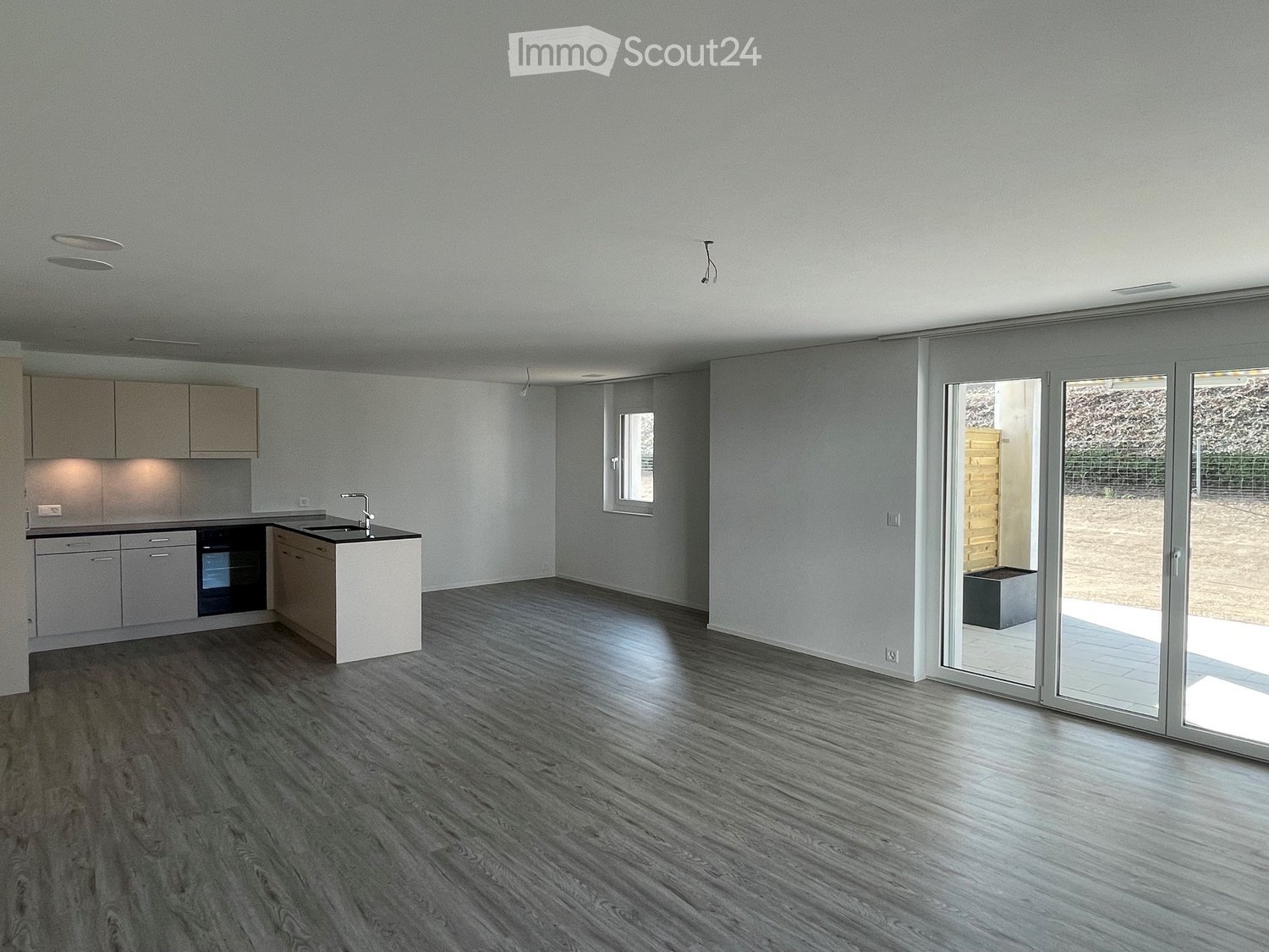 Modern kitchen with light grey cabinets, a central island with a sink and faucet, and a dark grey wooden floor. Large sliding glass doors lead to an outdoor area.