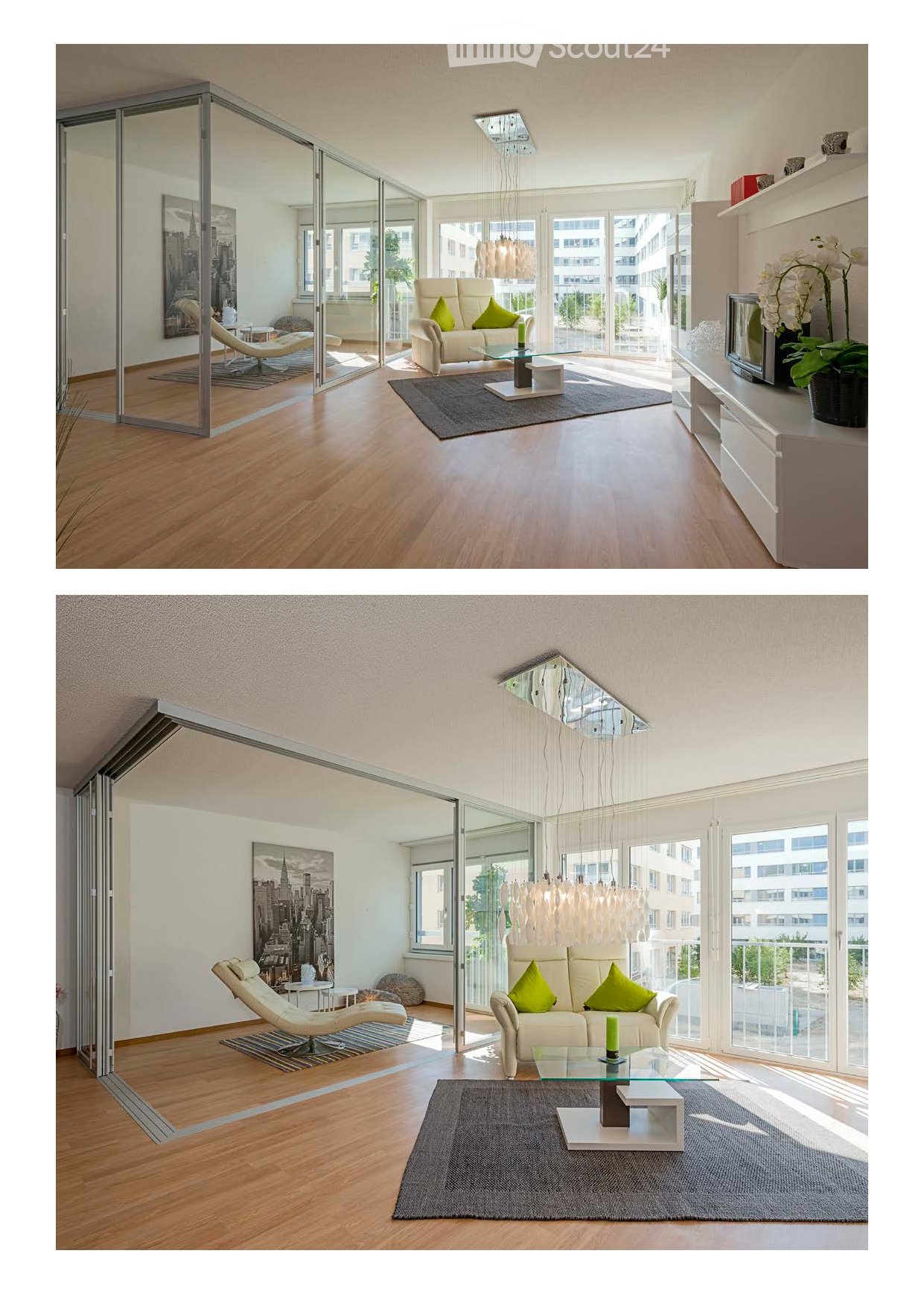 Modern living room with light-colored furniture, a glass coffee table, a sofa with green cushions, a TV stand, and a potted plant. The room features large windows and a sleek, contemporary design.