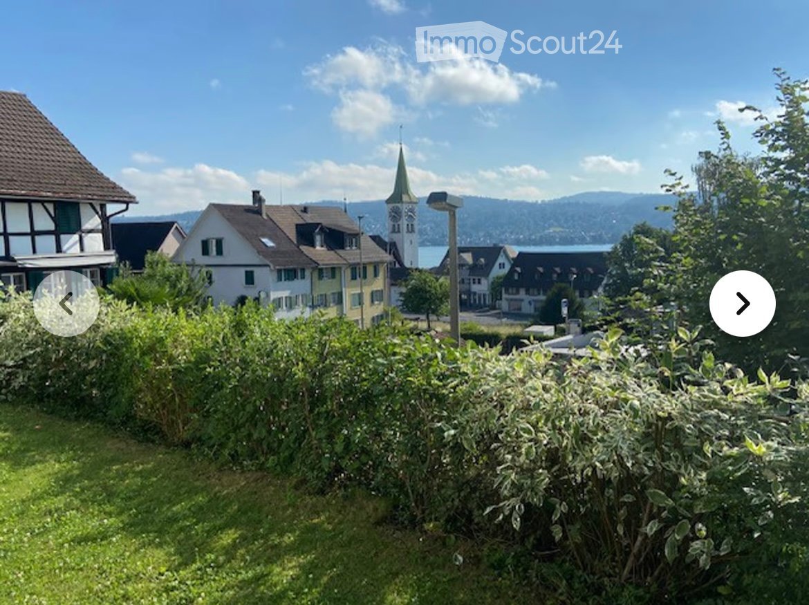 Garden with green bushes and grass, overlooking a town with houses and a church tower, with a lake and mountains in the background.