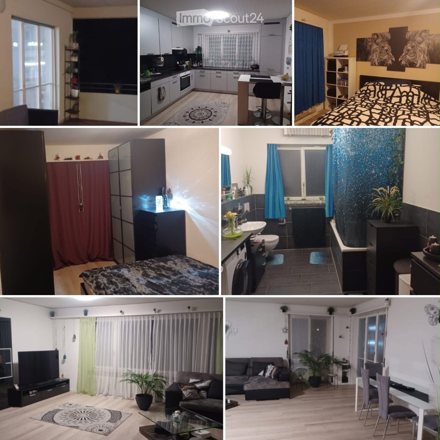 A collage of six images showcasing various rooms in a modern, well-furnished house, including a living room, kitchen, bedroom, bathroom, and dining area, each with contemporary decor and functional furniture.