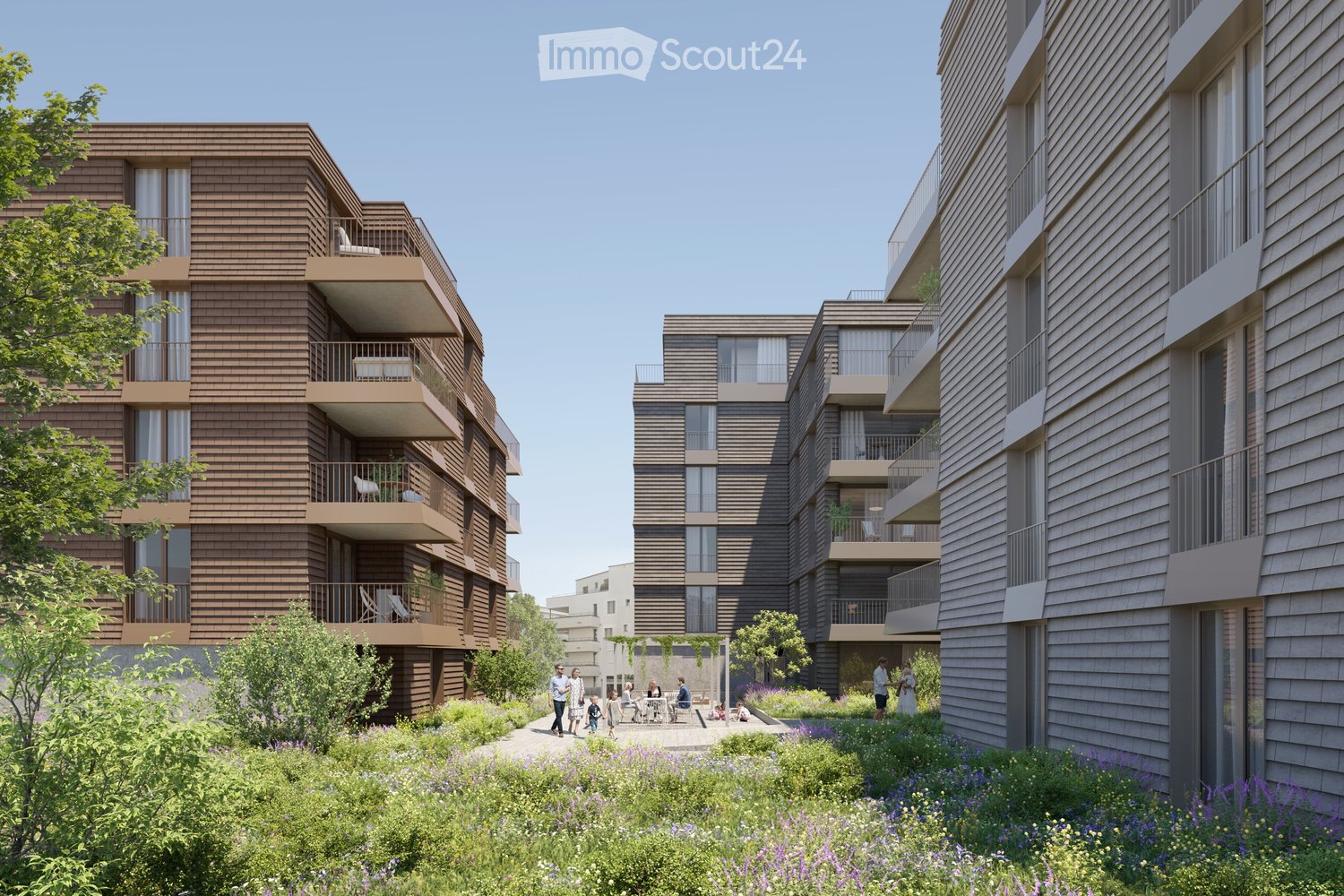 Modern multi-story residential building with wooden facades, balconies, and surrounding greenery.
