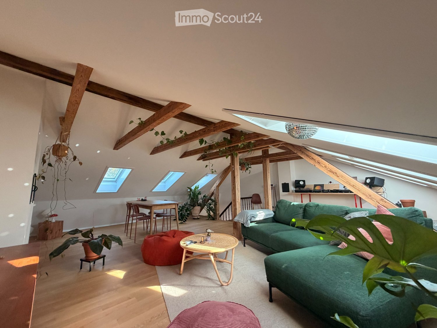 Open-plan living and dining area with exposed wooden beams, skylights, green sofa, coffee table, dining table, chairs, and plants.