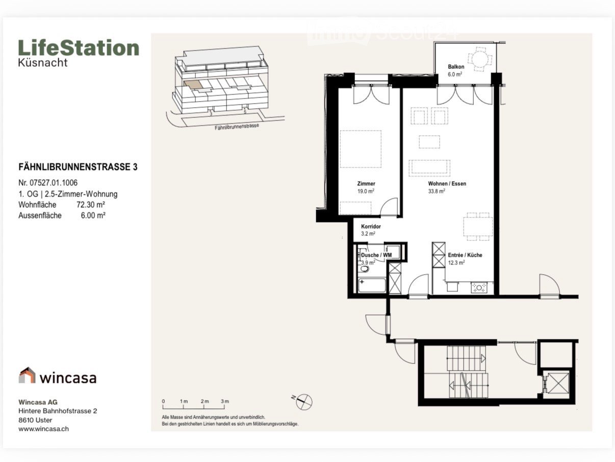 Floor plan of a 2.5-room apartment with living/dining area, bedroom, entrance/kitchen, bathroom/WC, hallway, and balcony.