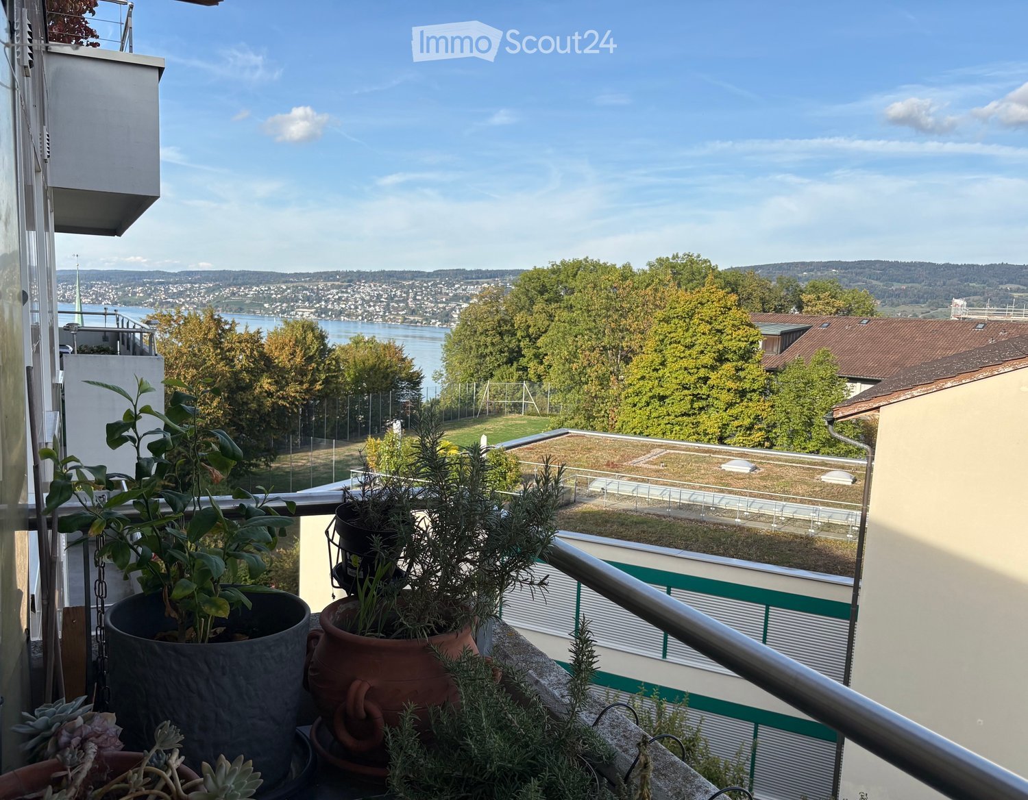 Balcony with potted plants, overlooking a scenic view of a city, lake, and surrounding greenery.