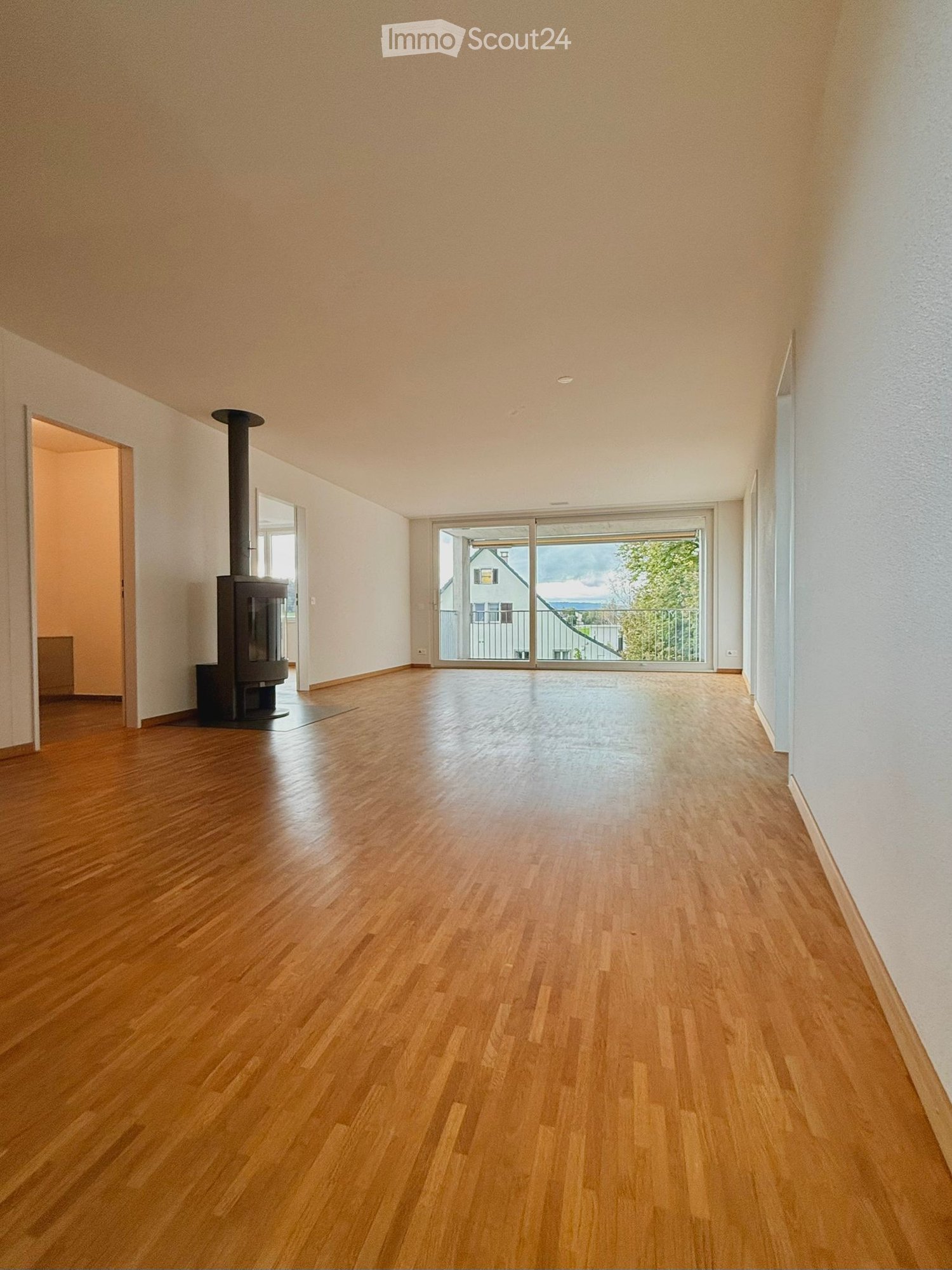 Empty room with wooden flooring, white walls, and a large sliding glass door leading to a balcony. A wood-burning stove is visible on the left side.