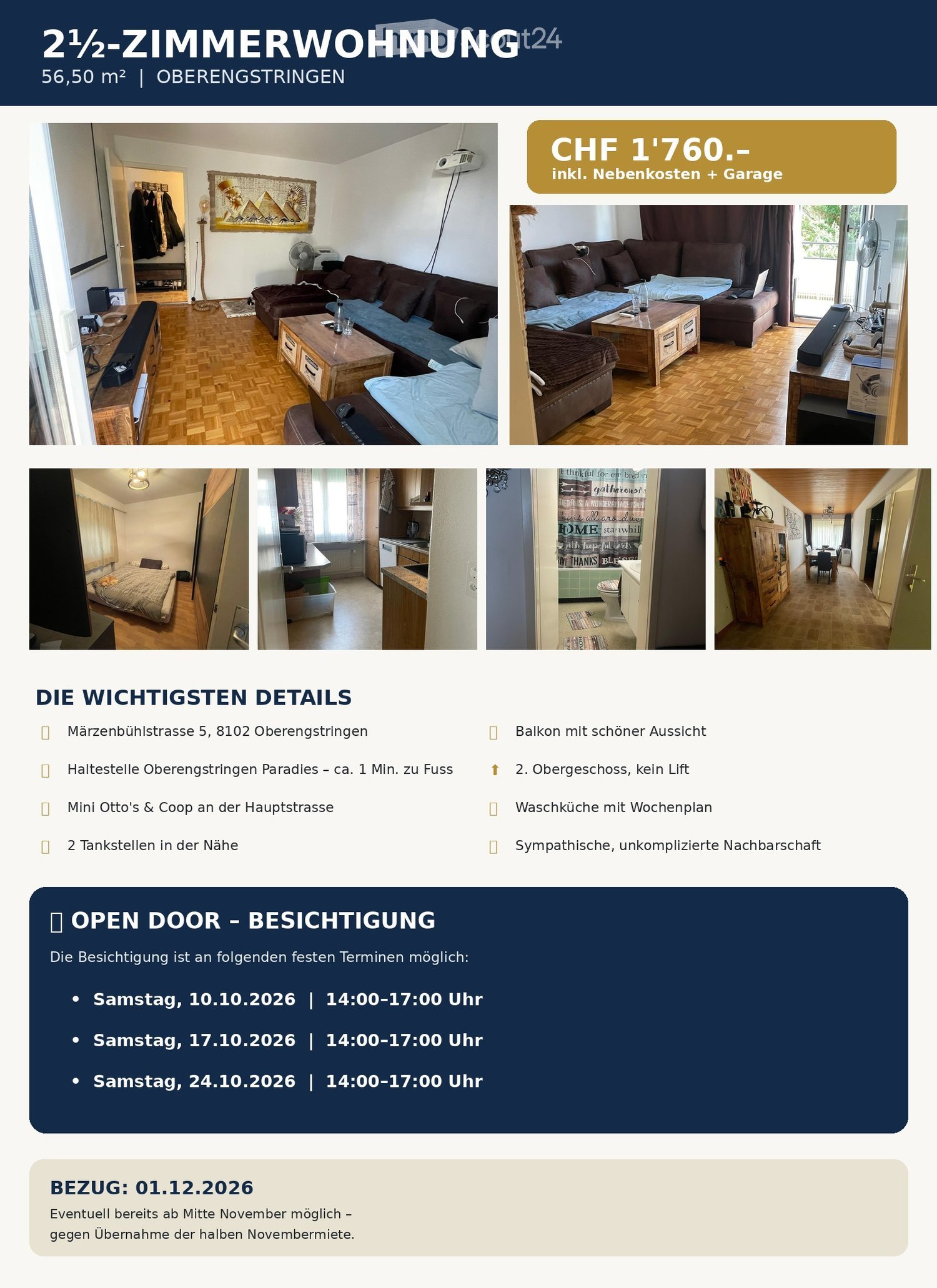 The image shows a furnished 2.5-room apartment with a living room, bedroom, kitchen, and bathroom. The living room features a sofa, coffee table, and fan. The bedroom has a bed and nightstand. The kitchen includes cabinets and a sink, while the bathroom h