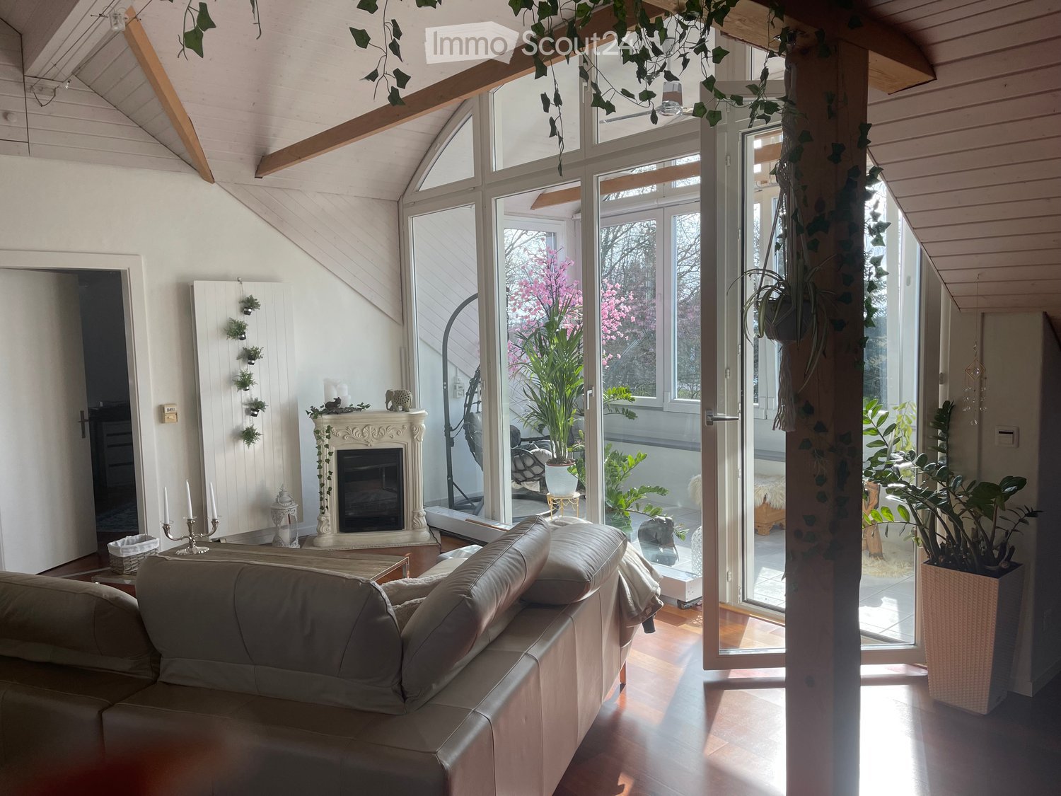 Bright living room with a slanted wooden ceiling, large windows, and a fireplace. Features a grey leather sofa, coffee table, and several potted plants. A hanging plant decorates the ceiling.