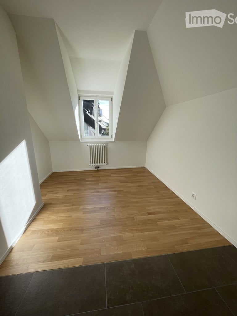 Empty attic room with wooden flooring, white walls, and a skylight window. No furniture or equipment present.