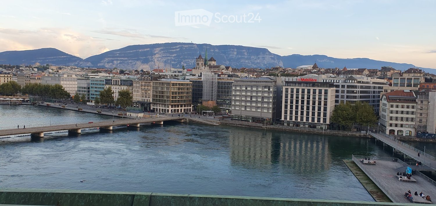 A panoramic view of a cityscape with modern buildings, a river, and distant mountains.