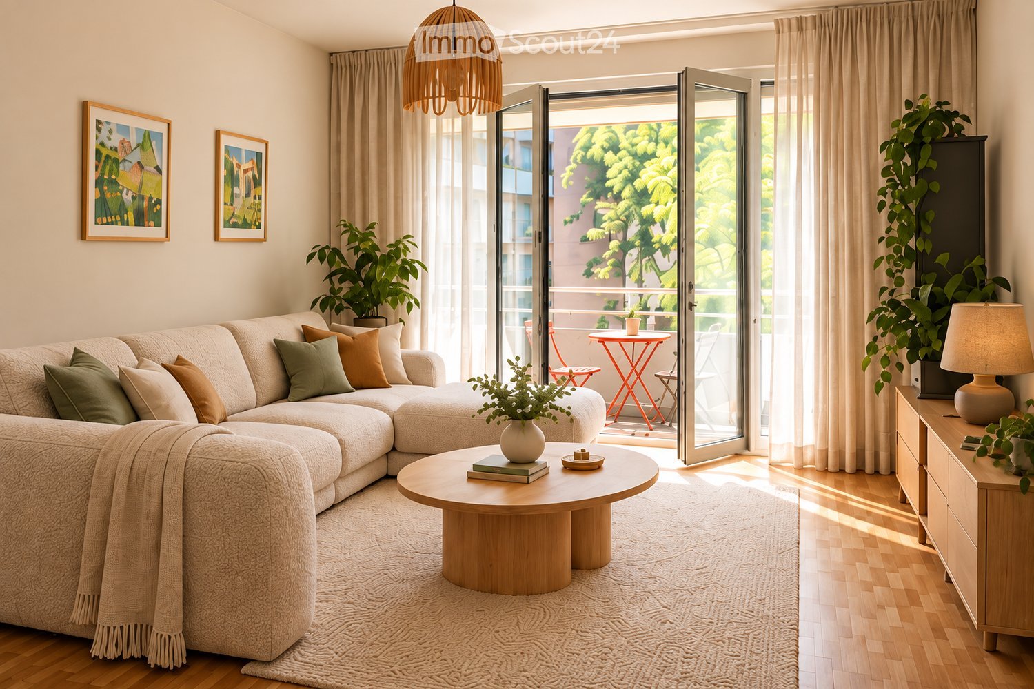 Modern living room with a sectional sofa, coffee table, side table, and large windows opening to a balcony. Features include a hanging pendant light, plants, and artwork on the walls.