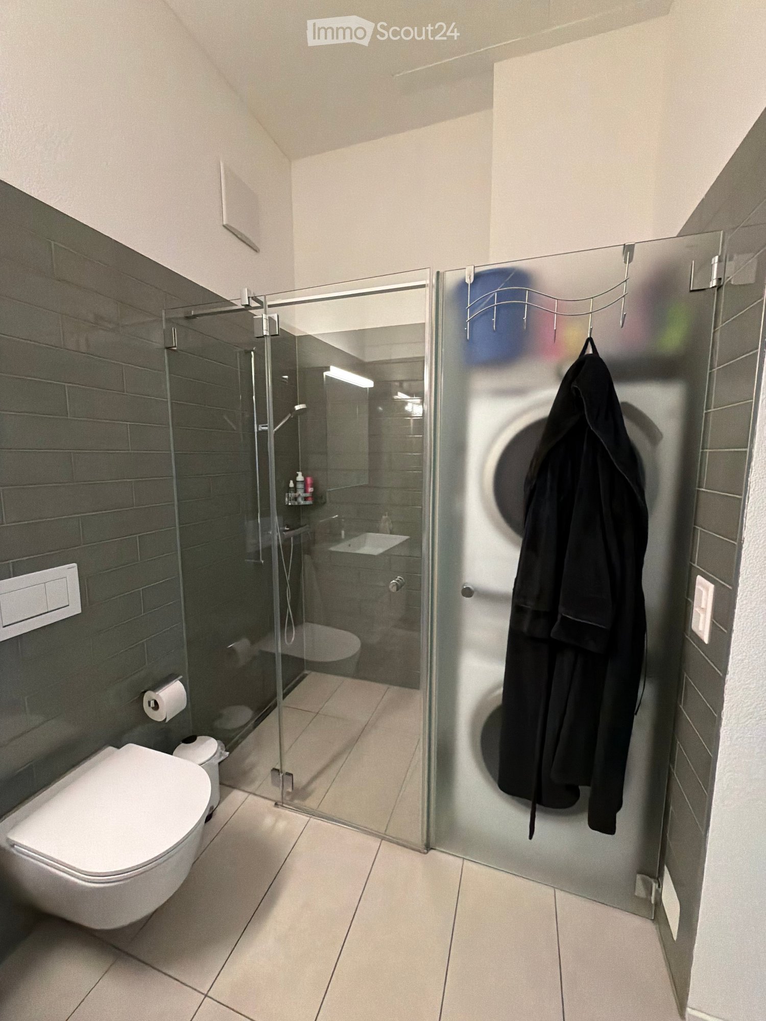 Modern bathroom with a glass-enclosed shower, toilet, and bath. A robe is hanging on the shower door, and a toilet paper roll is visible on the wall.